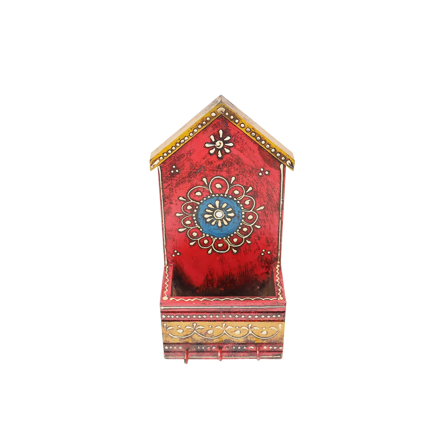 ArtistryBazaar 4"L x 2"W x 8"H inch colorful handmade wooden key holder with mail slot, eye-catching folk art design, useful for organizing keys, letters, and small essentials.