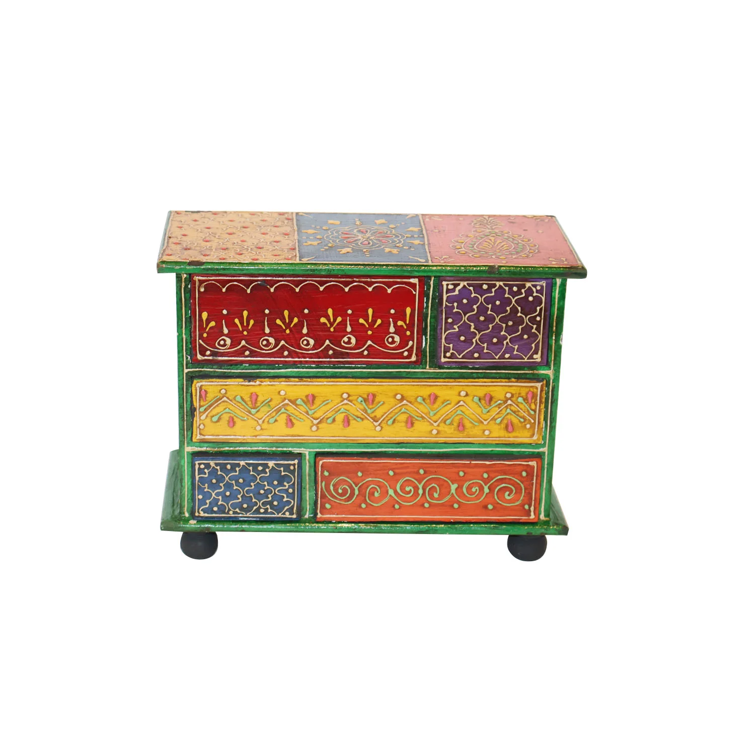 ArtistryBazaar 9.5"L x 4"W x 7"H inch handcrafted wooden drawer unit, compact design with 5 hand-painted drawers for organizing small items in your home or office.