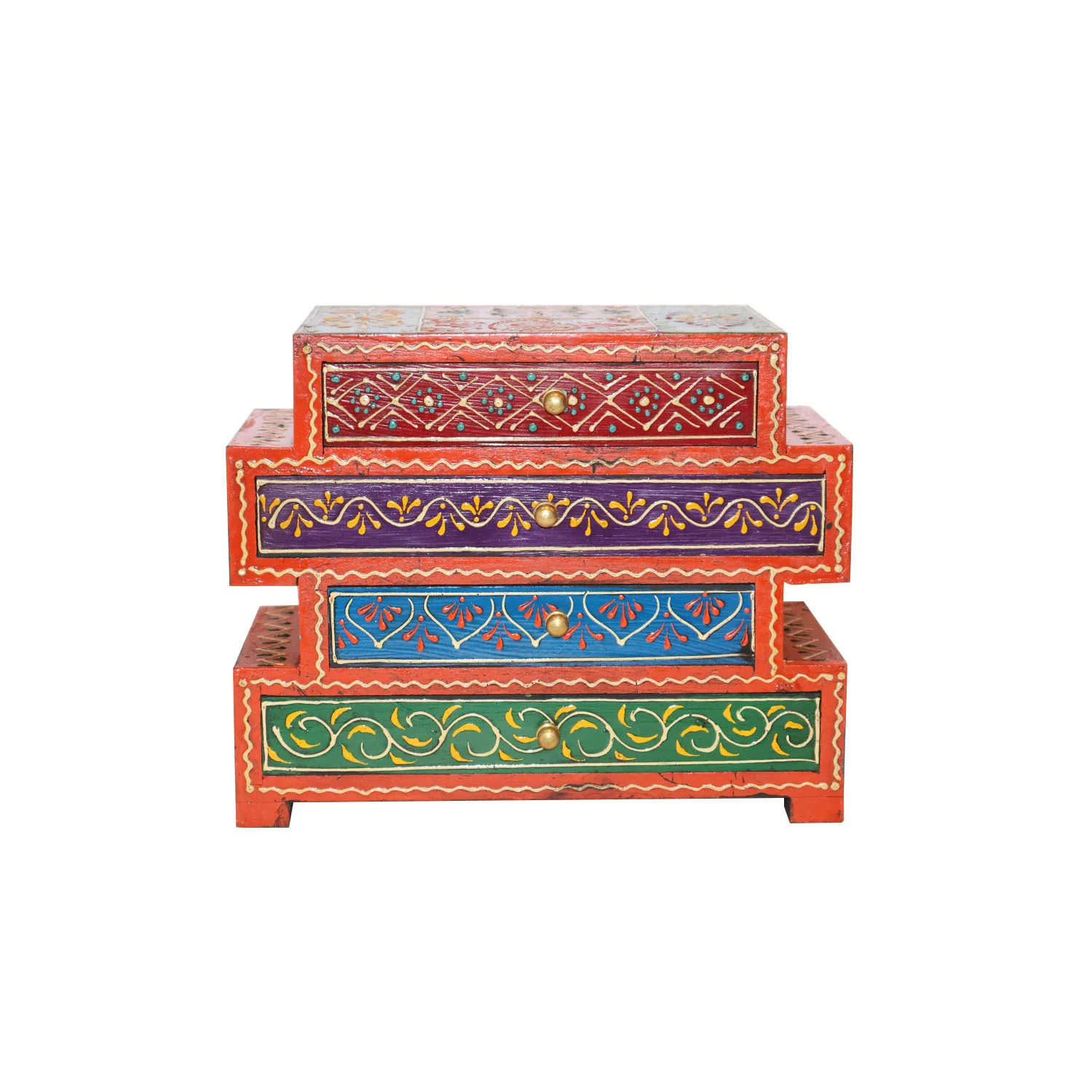 ArtistryBazaar 10"L x 5"W x 8"H inch colorful wooden drawer unit, handmade 4-drawer organizer with bold colors and patterns, designed for storing small essentials in your space.