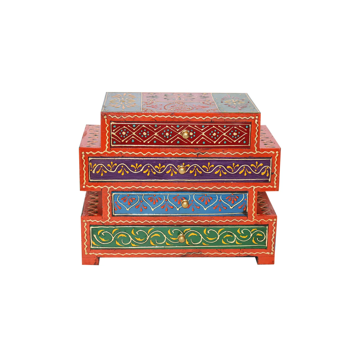 ArtistryBazaar 10"L x 5"W x 8"H inch colorful wooden drawer unit, handmade 4-drawer organizer with bold colors and patterns, designed for storing small essentials in your space.