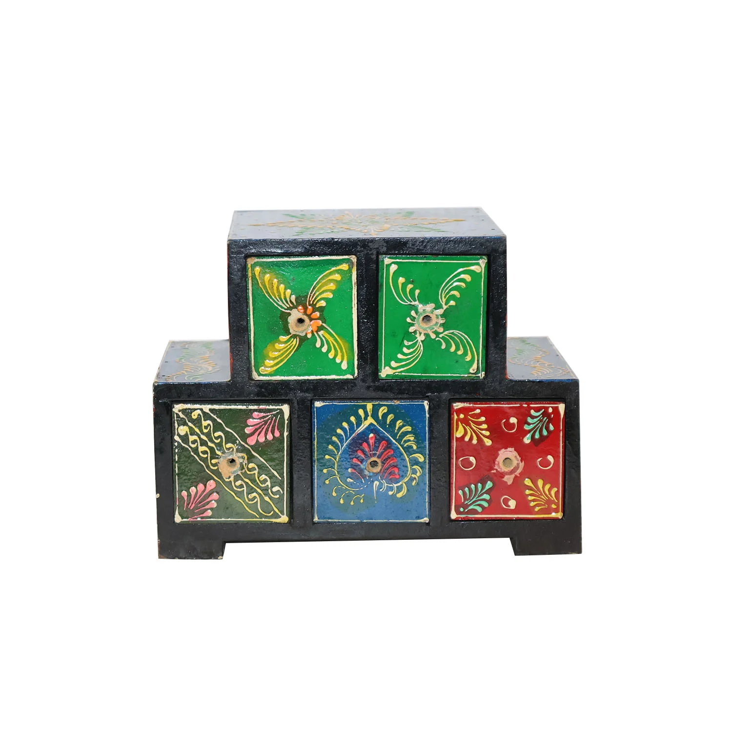 ArtistryBazaar 7"L x 4"W x 5.5"H inch handmade wooden storage drawer, 5 hand-painted drawers, compact and colorful design, keep small items like jewelry, coins, and more.
