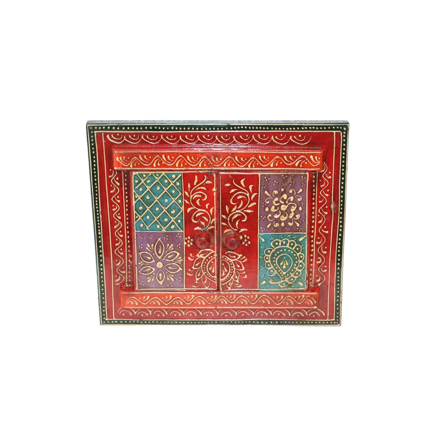 ArtistryBazaar 11"L x 9"W inch 100% handcrafted wooden photo frame with window design, red with delicate gold, green, and blue accents, perfect for home decor and gift giving.