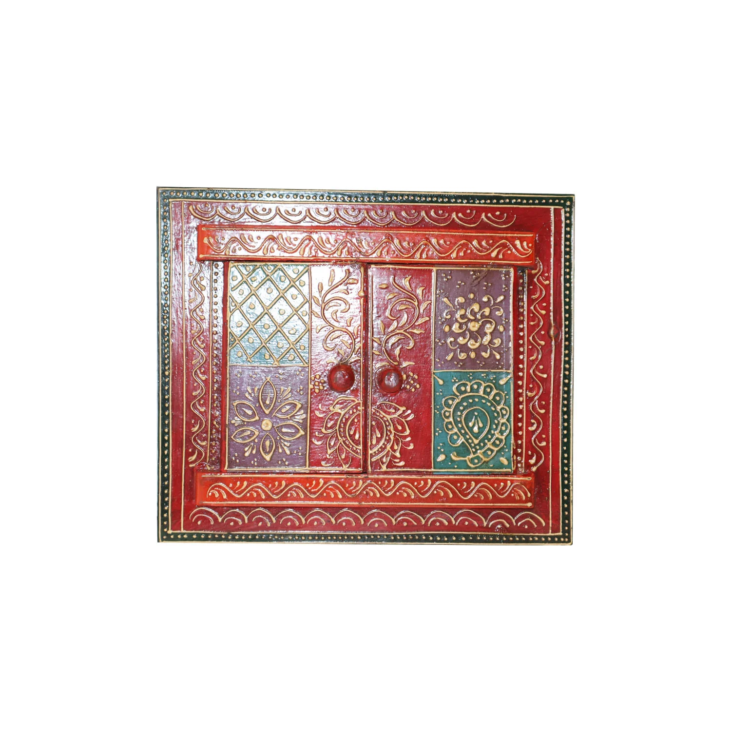 ArtistryBazaar 11"L x 9"W inch 100% handcrafted wooden photo frame with window design, red with delicate gold, green, and blue accents, perfect for home decor and gift giving.