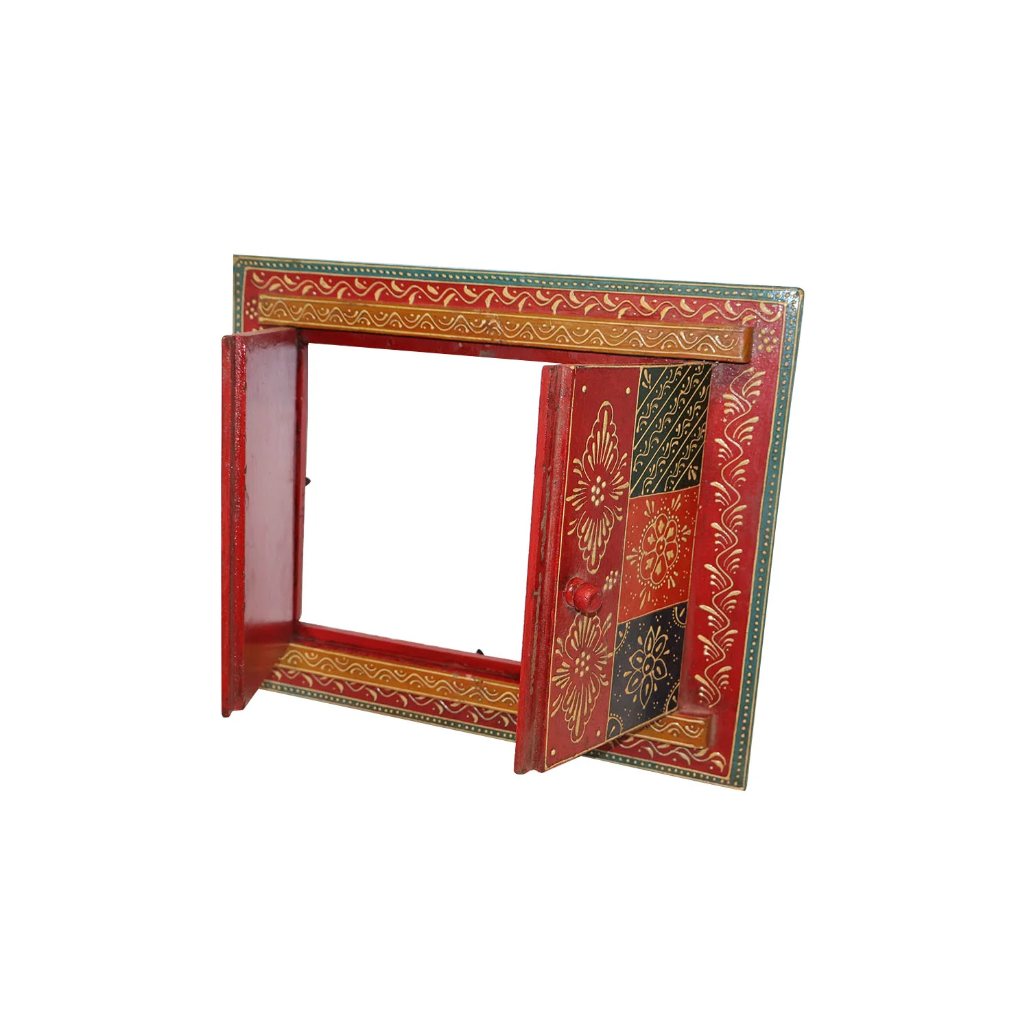 ArtistryBazaar 16"L x 13"W inch artisan-designed wooden photo frame, colorful window-style design with gold and blue accents, ideal for displaying your photos or giving as a lovely present.