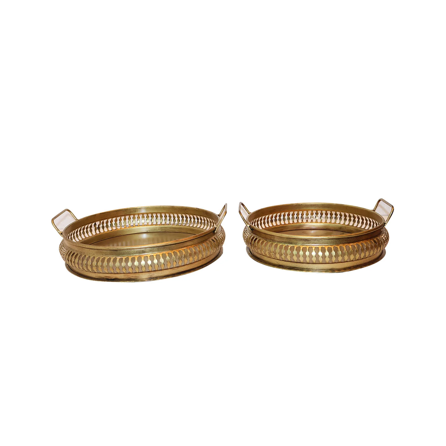 ArtistryBazaar 12"L x 11"W x 3"H inch round metal platter set with a lace-like rim, hammered texture, side handles, handmade decorative trays for your home decor or tabletop displays.