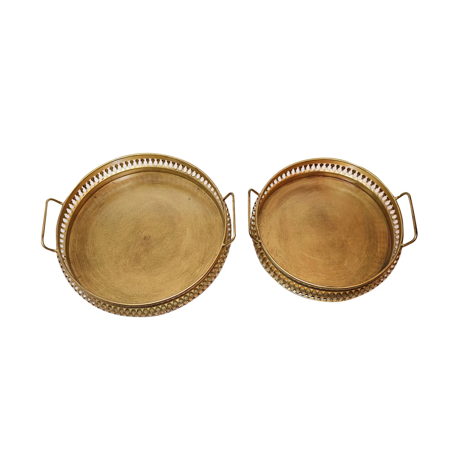 ArtistryBazaar 12"L x 11"W x 3"H inch round metal platter set with a lace-like rim, hammered texture, side handles, handmade decorative trays for your home decor or tabletop displays.
