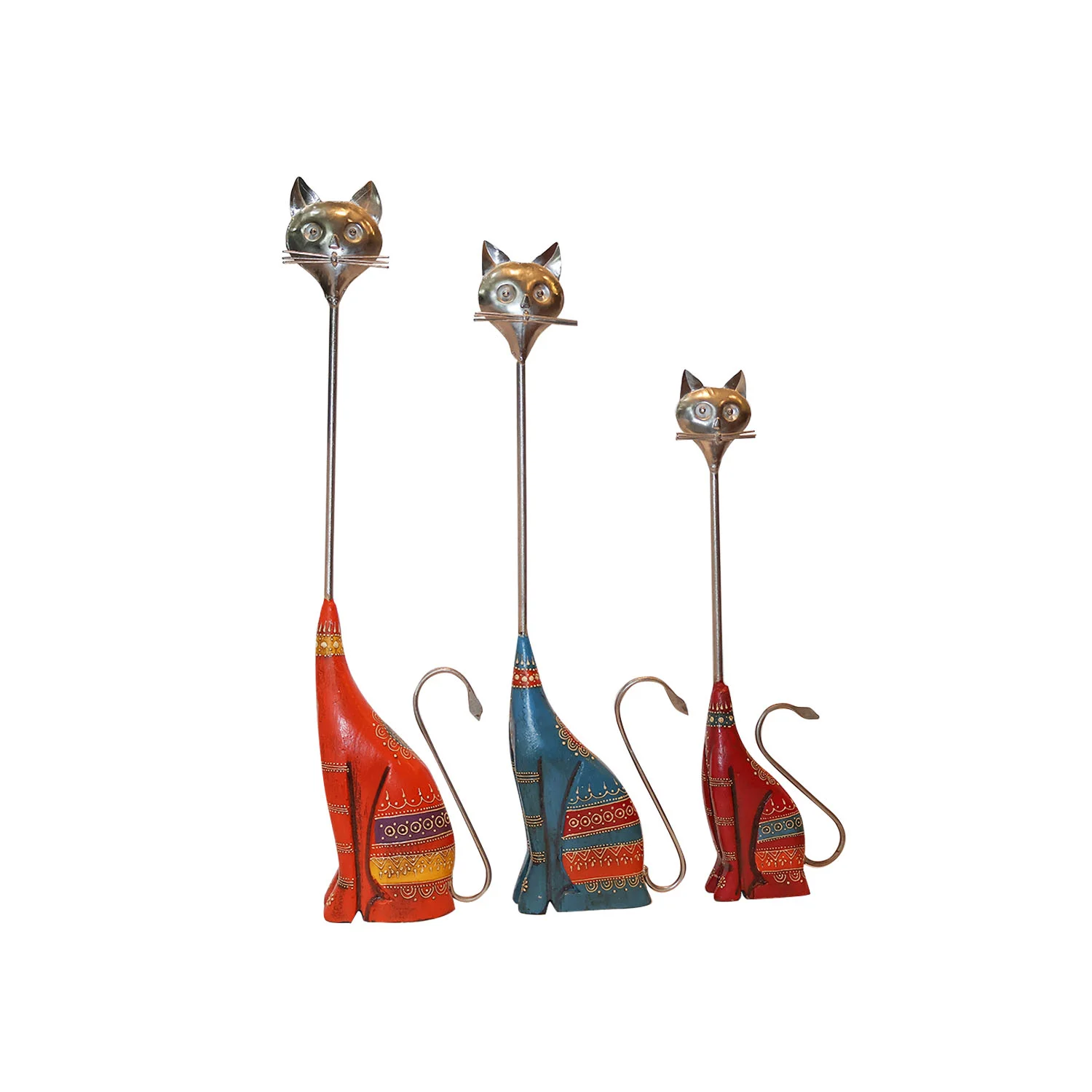 ArtistryBazaar 6"L x 3"W x 25"H inch quirky handmade wooden & metal cat figurines, red, orange and blue set of 3 with tall necks, playful design for unique decor.