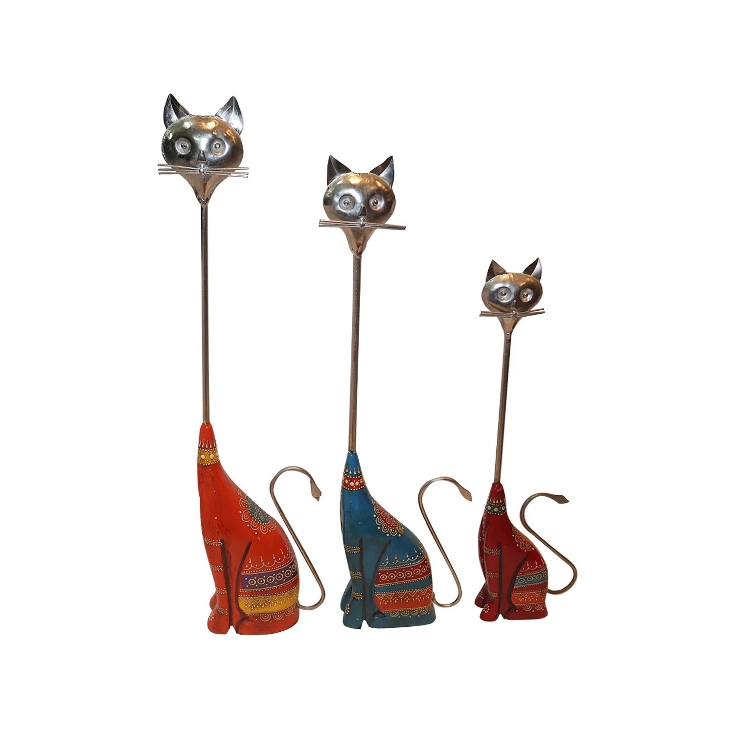 ArtistryBazaar 6"L x 3"W x 25"H inch quirky handmade wooden & metal cat figurines, red, orange and blue set of 3 with tall necks, playful design for unique decor.