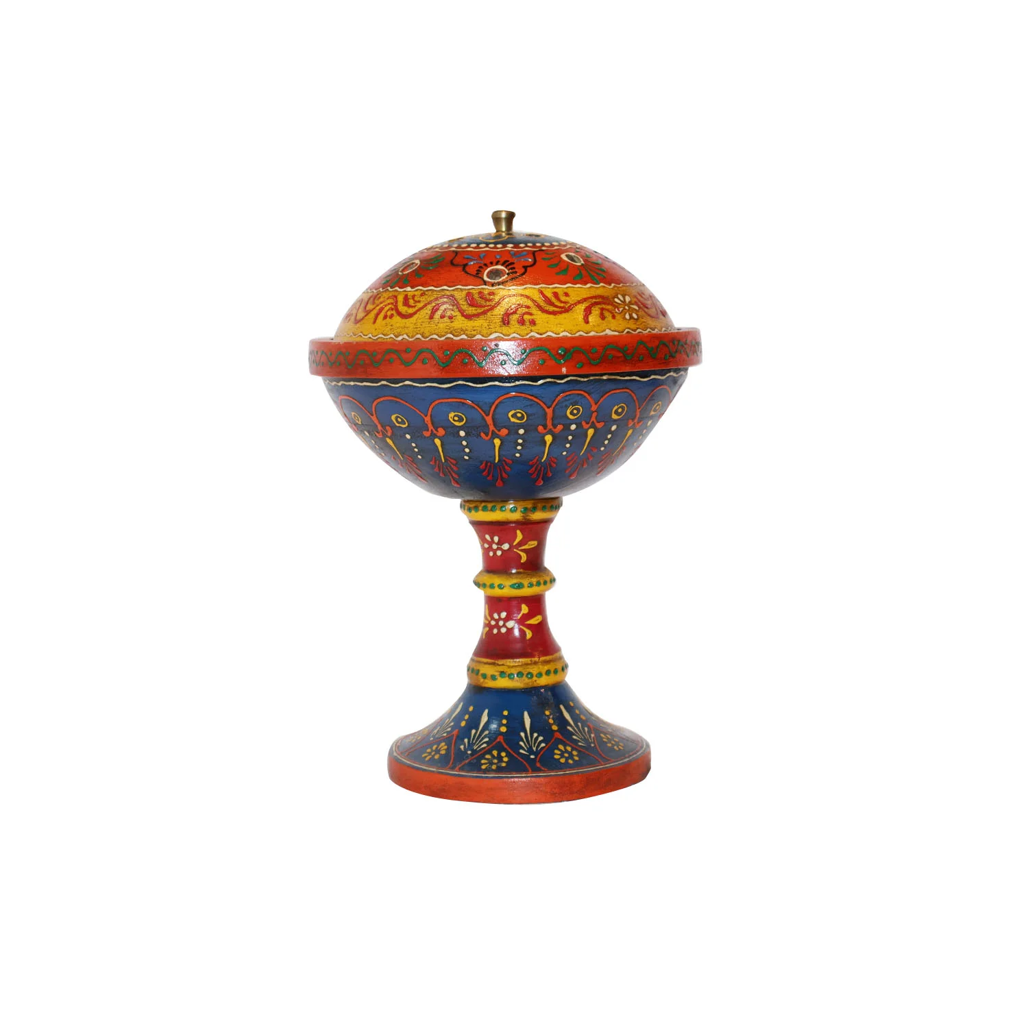 ArtistryBazaar 8"L x 8"W x 11"H inch handmade wooden incense holder with lid on top, pedestal design, glossy red & blue color combination, great for your spiritual space.