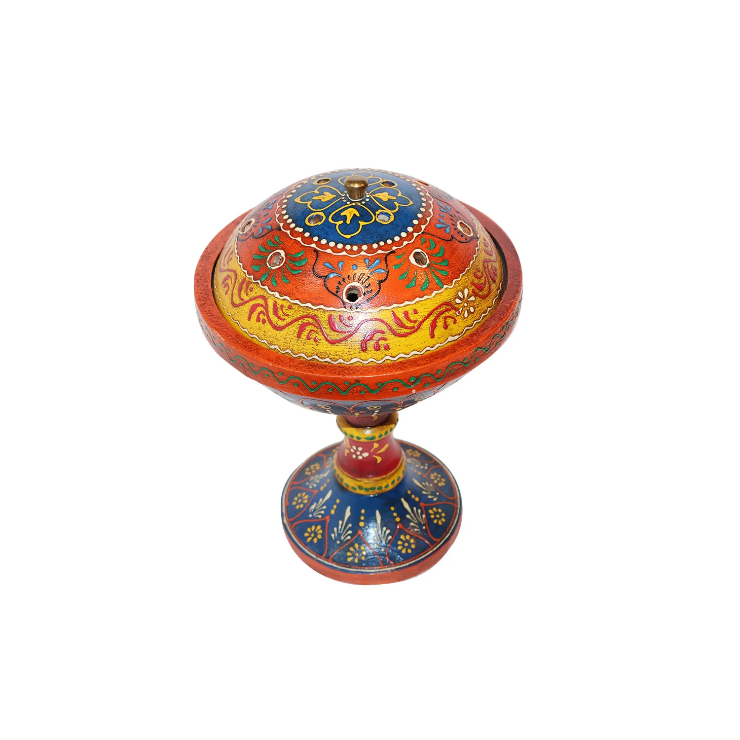 ArtistryBazaar 8"L x 8"W x 11"H inch handmade wooden incense holder with lid on top, pedestal design, glossy red & blue color combination, great for your spiritual space.