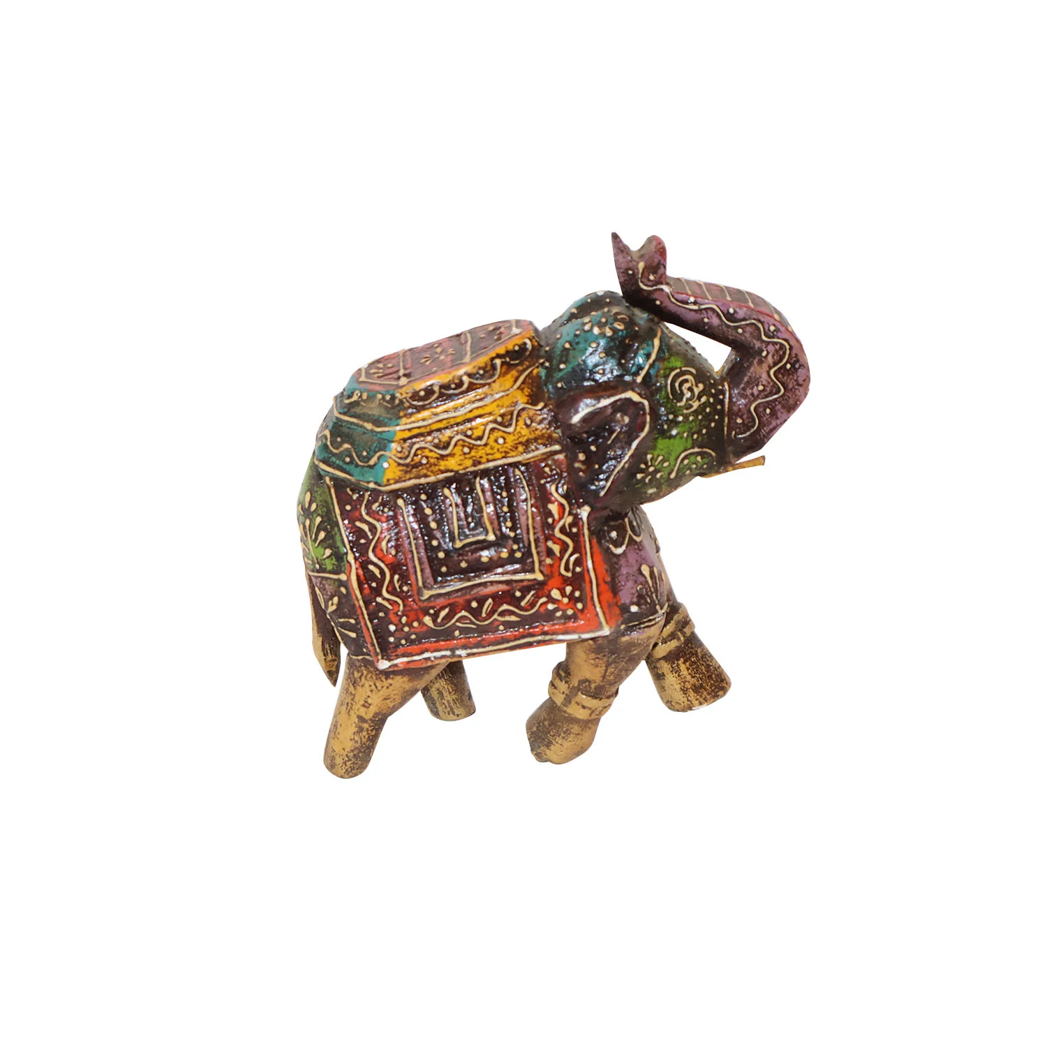 ArtistryBazaar 7"L x 3"W x 6"H inch handmade colorful wooden elephant figurine in a walking posture, detailed carvings, symbol of luck and prosperity for home & office decor.
