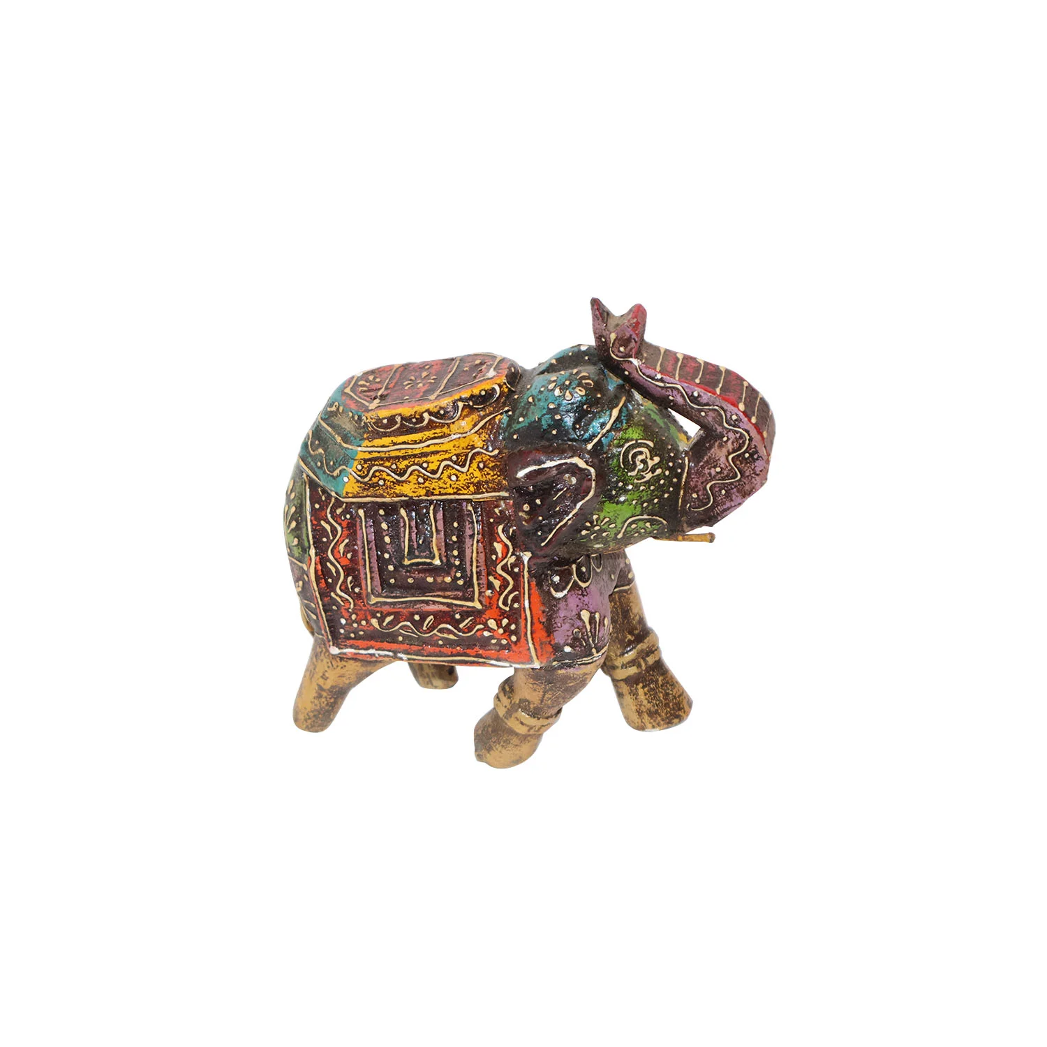 ArtistryBazaar 7"L x 3"W x 6"H inch handmade colorful wooden elephant figurine in a walking posture, detailed carvings, symbol of luck and prosperity for home & office decor.