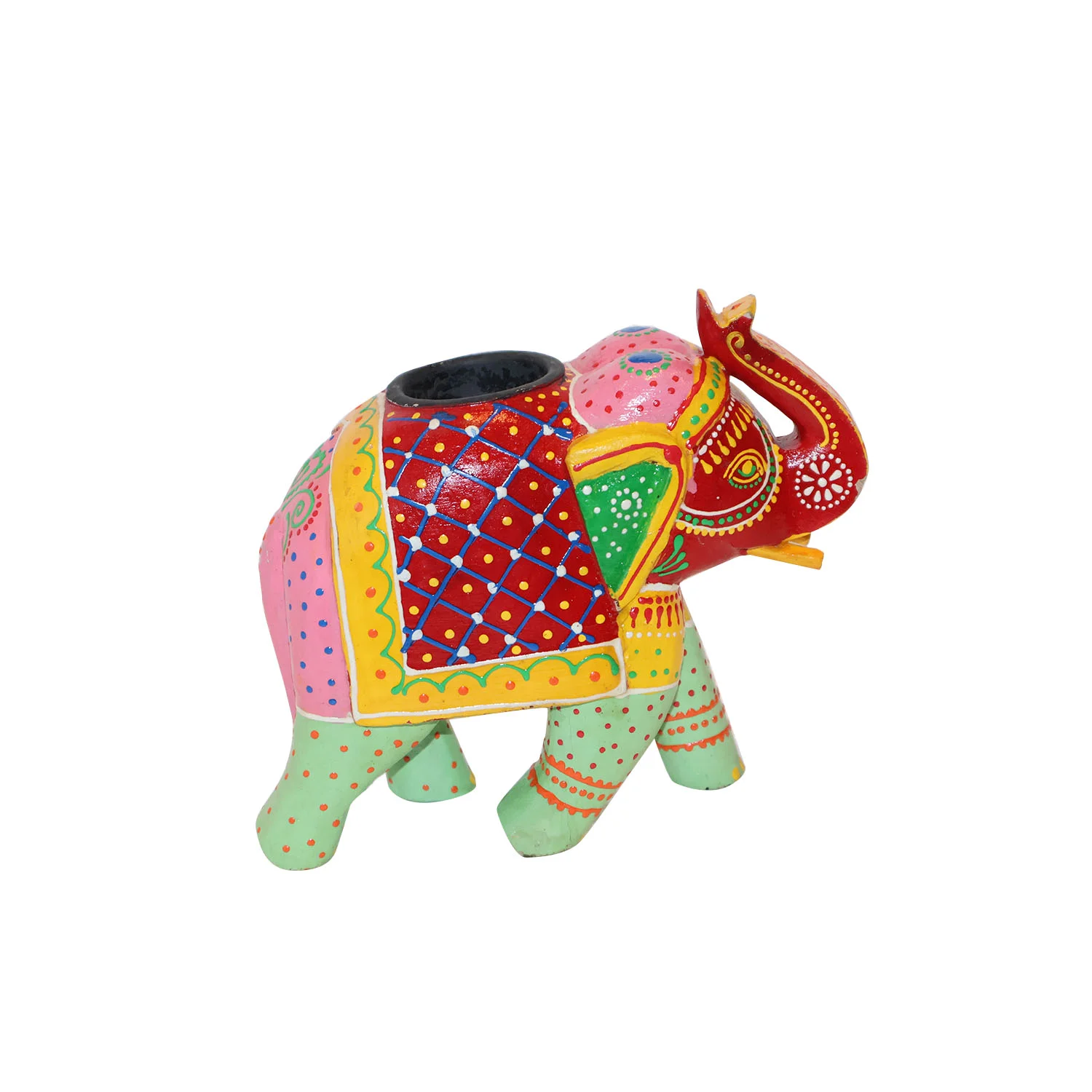 ArtistryBazaar 7"L x 3"W x 6"H inch multicolor wooden elephant-shaped candle holder, handmade by the highly skilled artisans, creative artwork on the surface, light up your space.