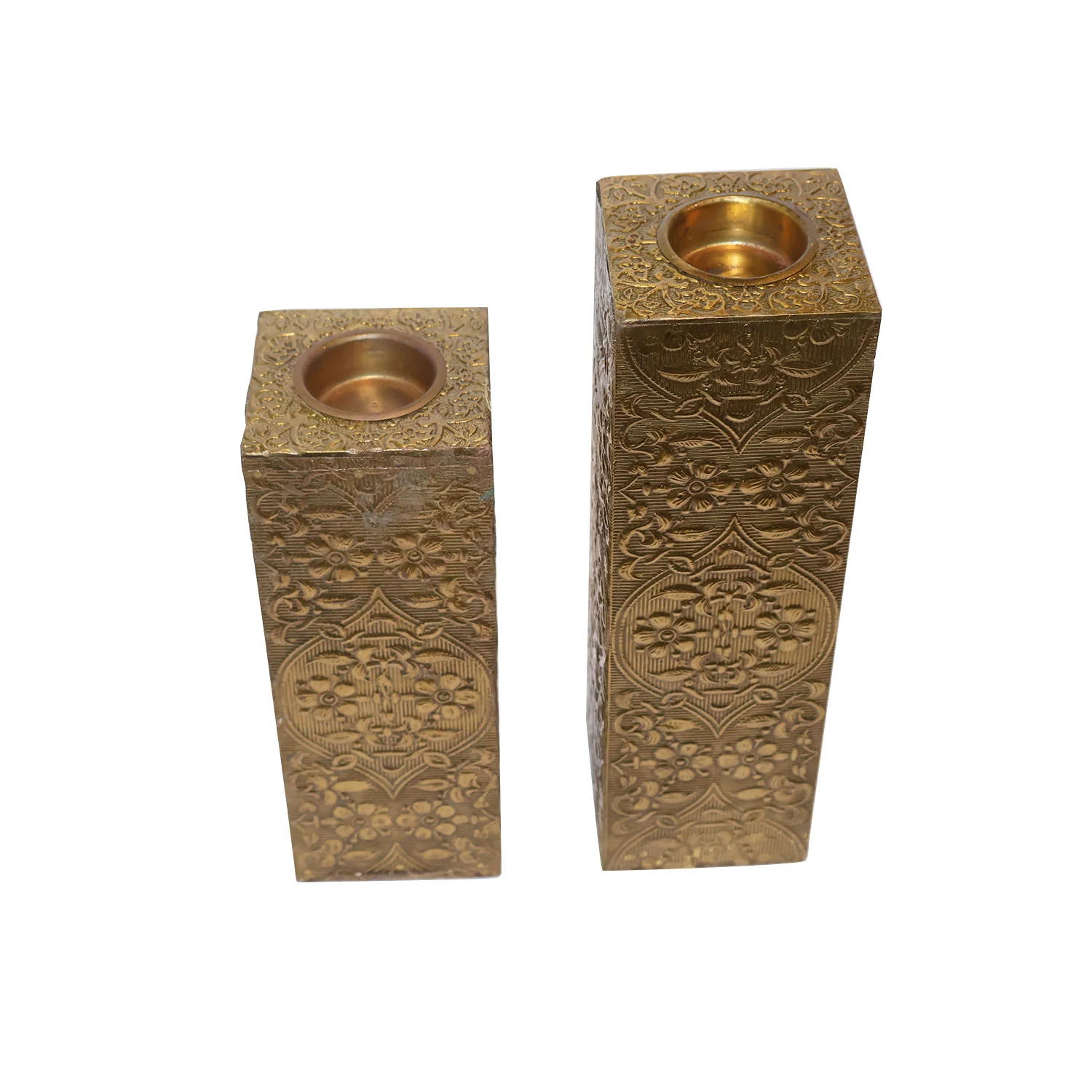 ArtistryBazaar 3"L x 3"W x 10"H inch set of handmade wooden candle holders with a brass finish, tall & rectangular in shape, golden color, a classy decor item.