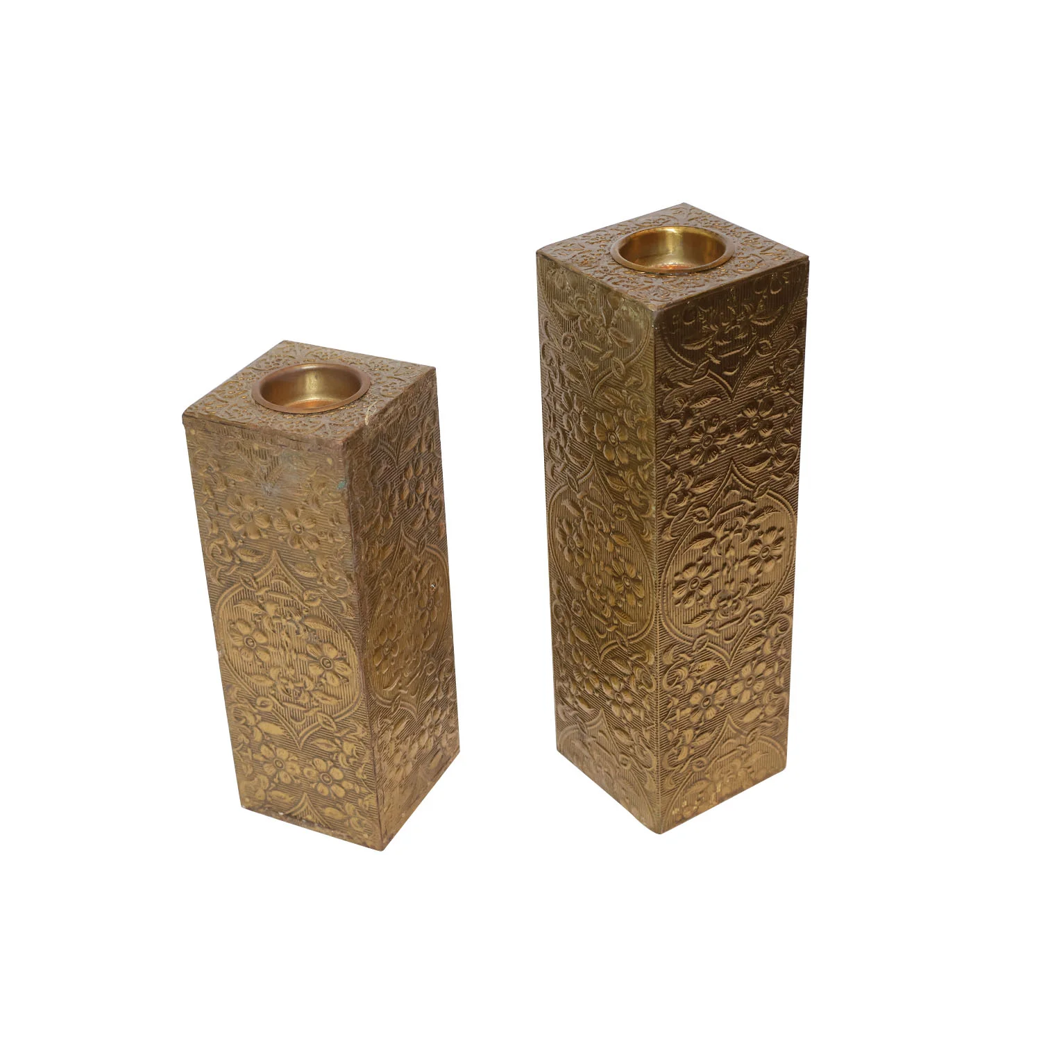ArtistryBazaar 3"L x 3"W x 10"H inch set of handmade wooden candle holders with a brass finish, tall & rectangular in shape, golden color, a classy decor item.