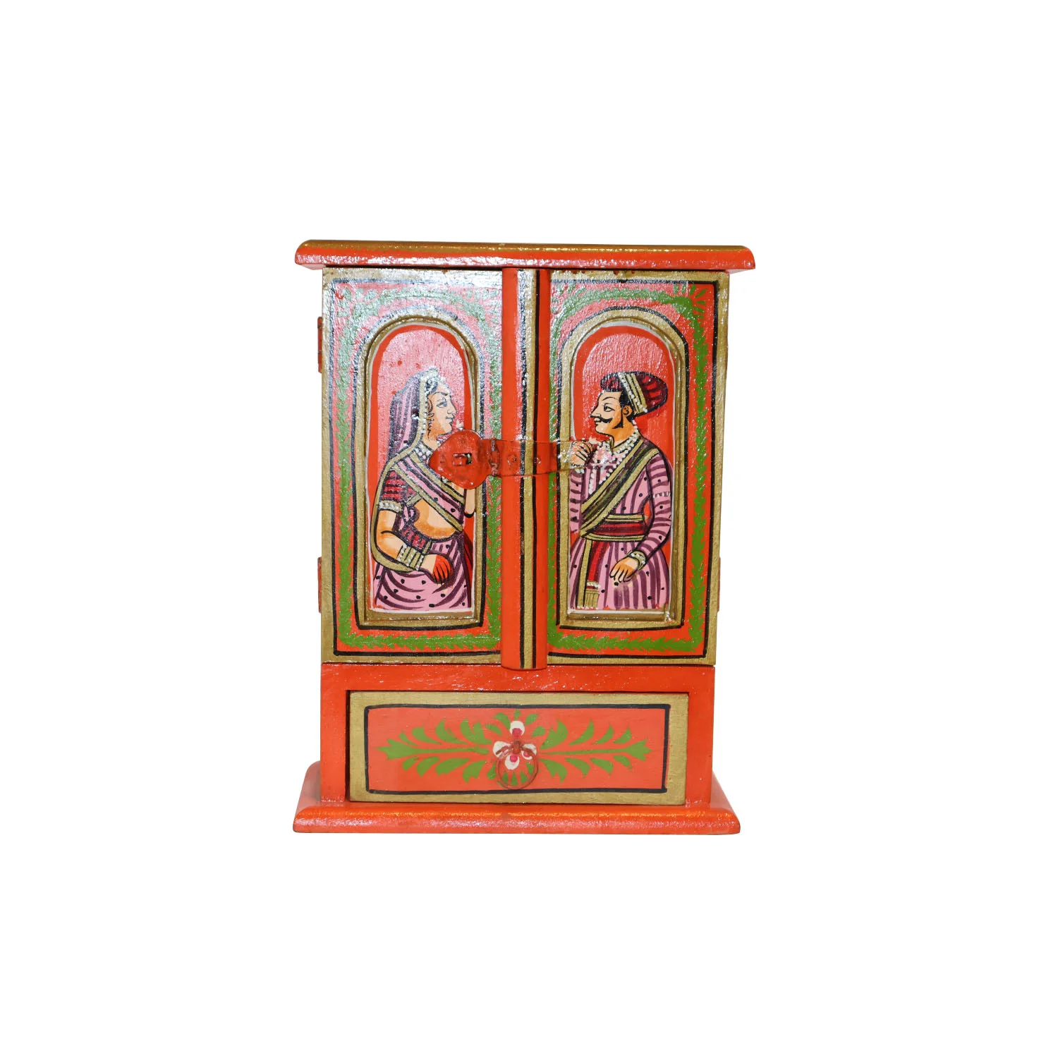 ArtistryBazaar 8"L x 4"W x 10"H inch handmade wooden mini almirah-style cabinet with red, green, & orange colors, folk art painting, swing doors, store trinkets, jewelry & small accessories.