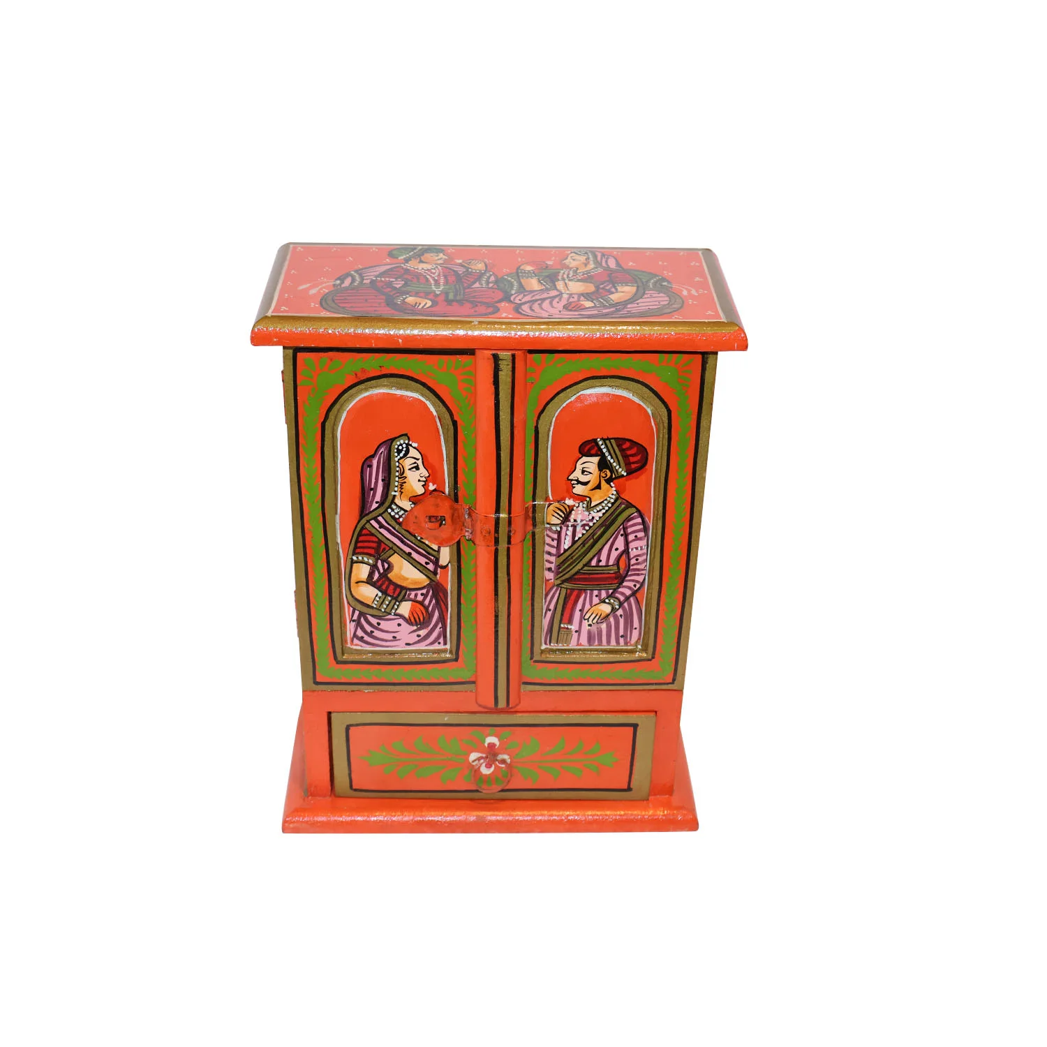 ArtistryBazaar 8"L x 4"W x 10"H inch handmade wooden mini almirah-style cabinet with red, green, & orange colors, folk art painting, swing doors, store trinkets, jewelry & small accessories.