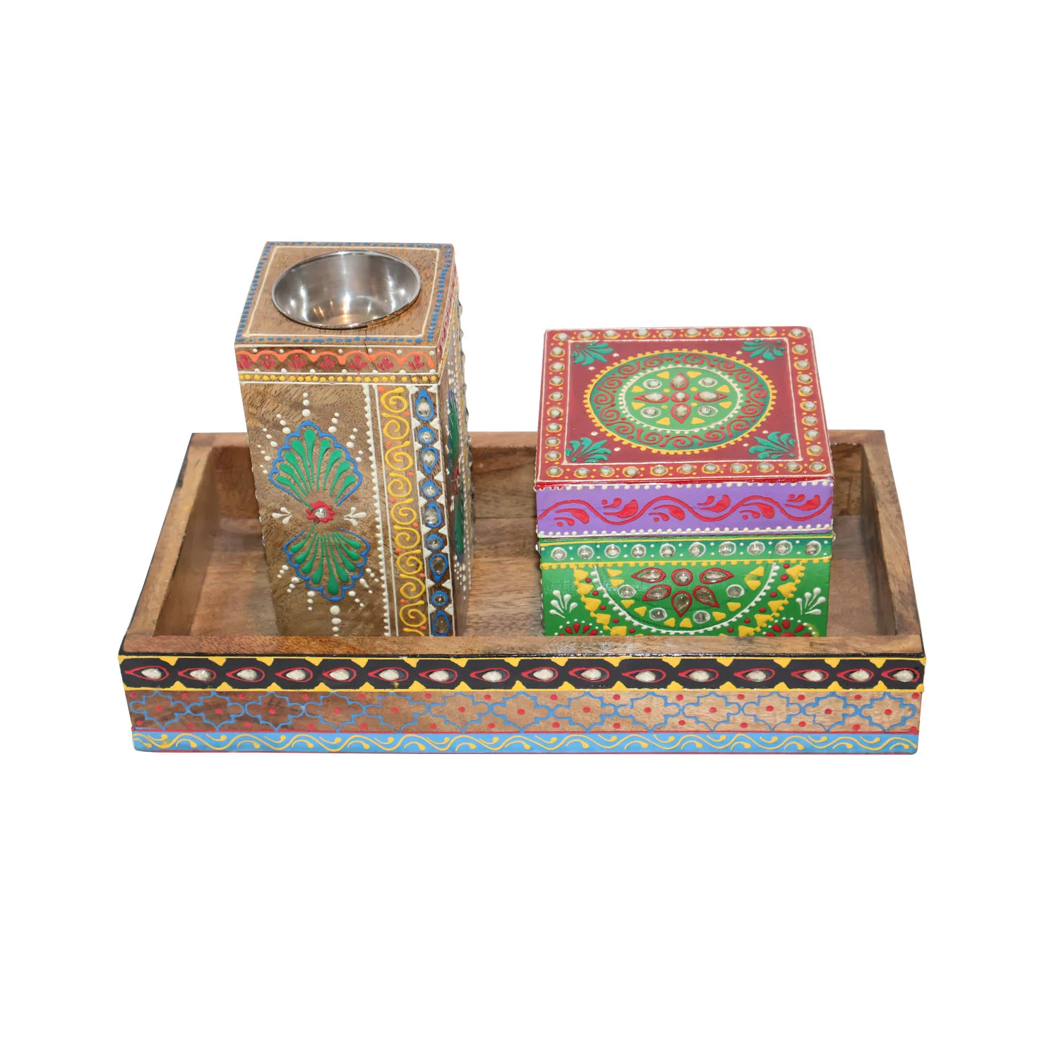 ArtistryBazaar 12"L x 6"W x 2"H inch handmade set of wooden serving tray, candle holder & jewelry box, filled with exquisite patterns, functional, decorative, and unique home decor.