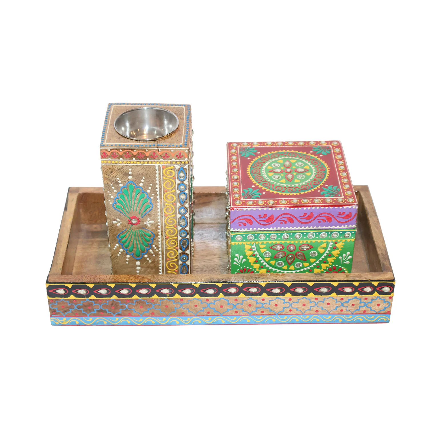 ArtistryBazaar 12"L x 6"W x 2"H inch handmade set of wooden serving tray, candle holder & jewelry box, filled with exquisite patterns, functional, decorative, and unique home decor.