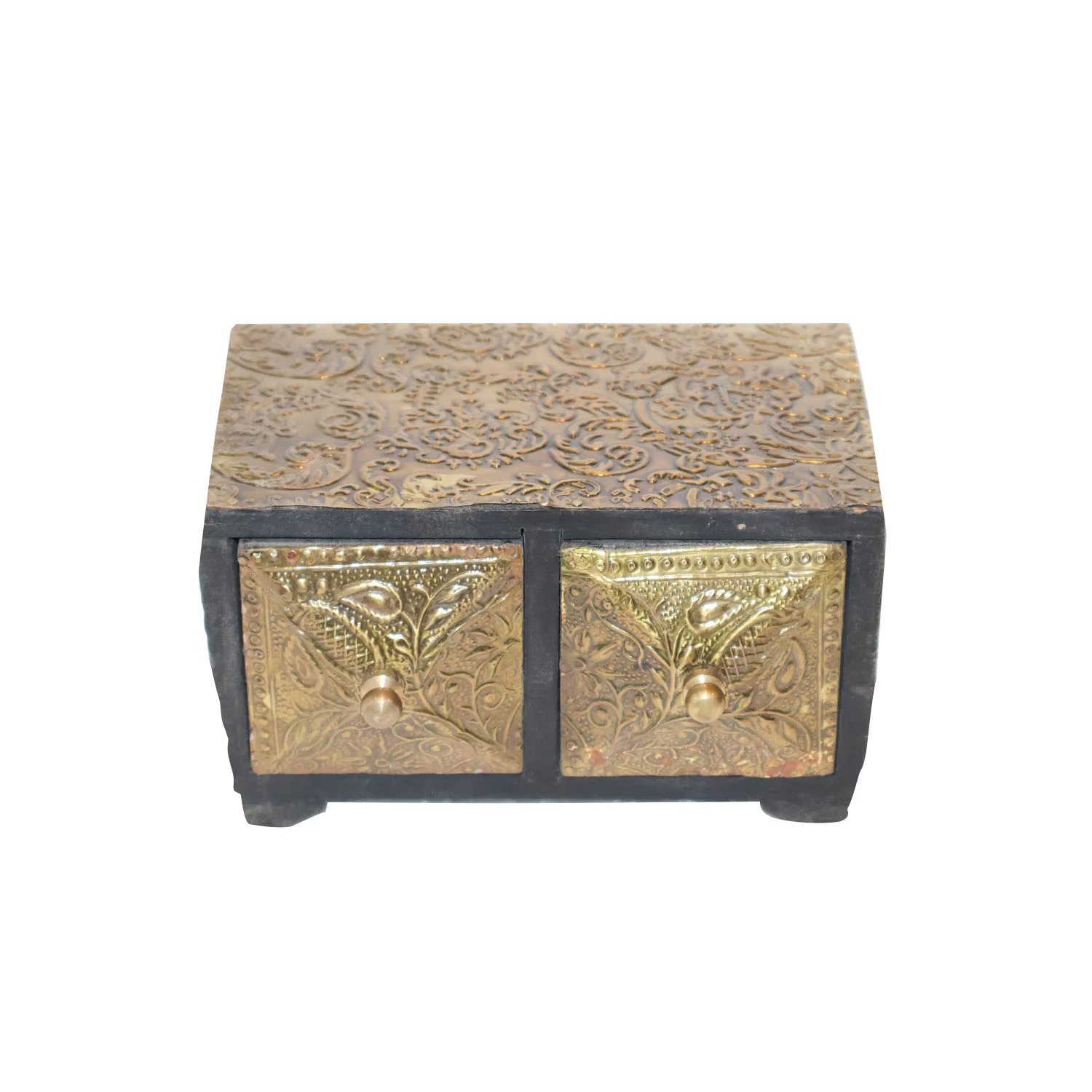 ArtistryBazaar 6"L x 4"W x 4"H inch vintage gold & black mini wooden chest, handmade storage with two drawers for valuables and small objects, compact size home decor.