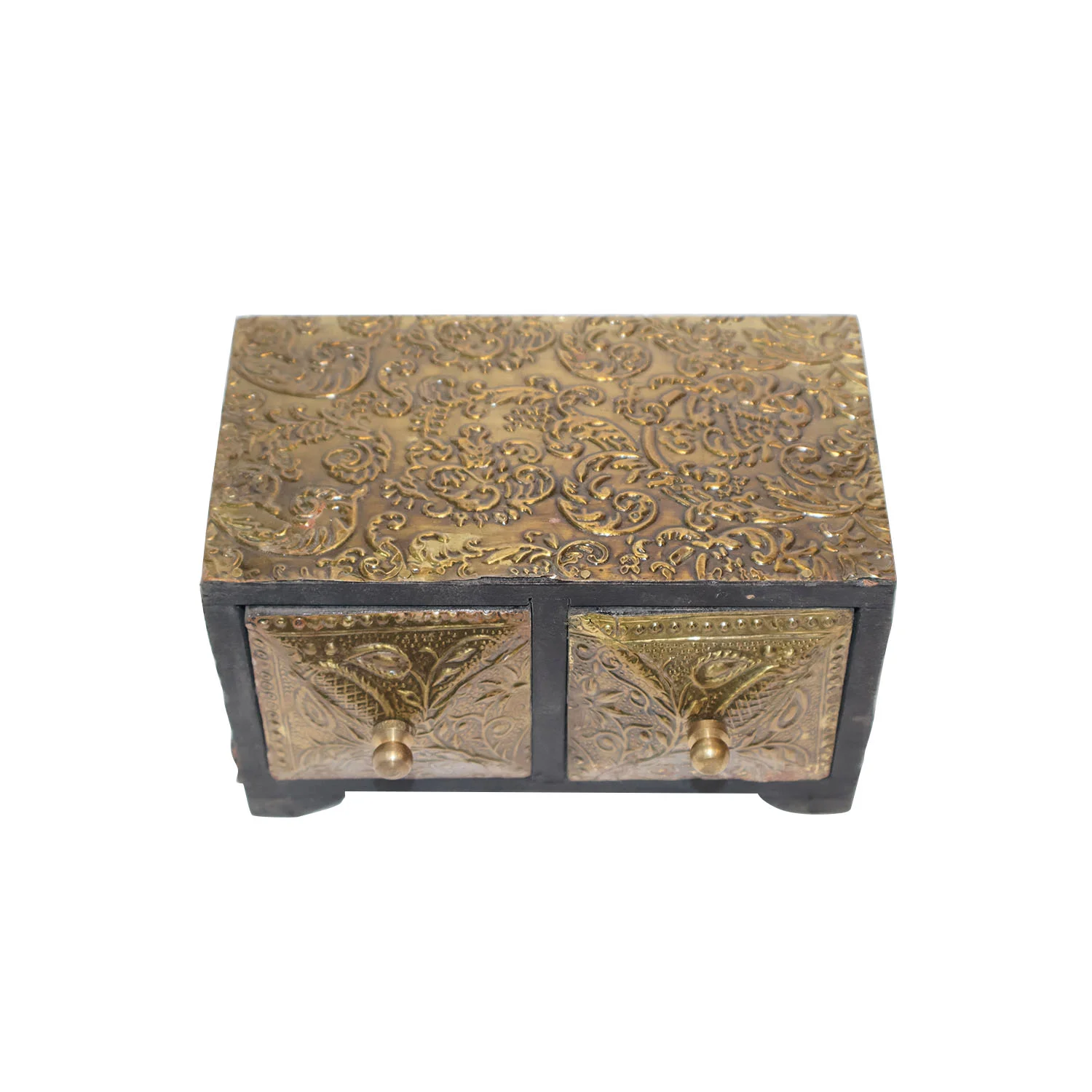 ArtistryBazaar 6"L x 4"W x 4"H inch vintage gold & black mini wooden chest, handmade storage with two drawers for valuables and small objects, compact size home decor.