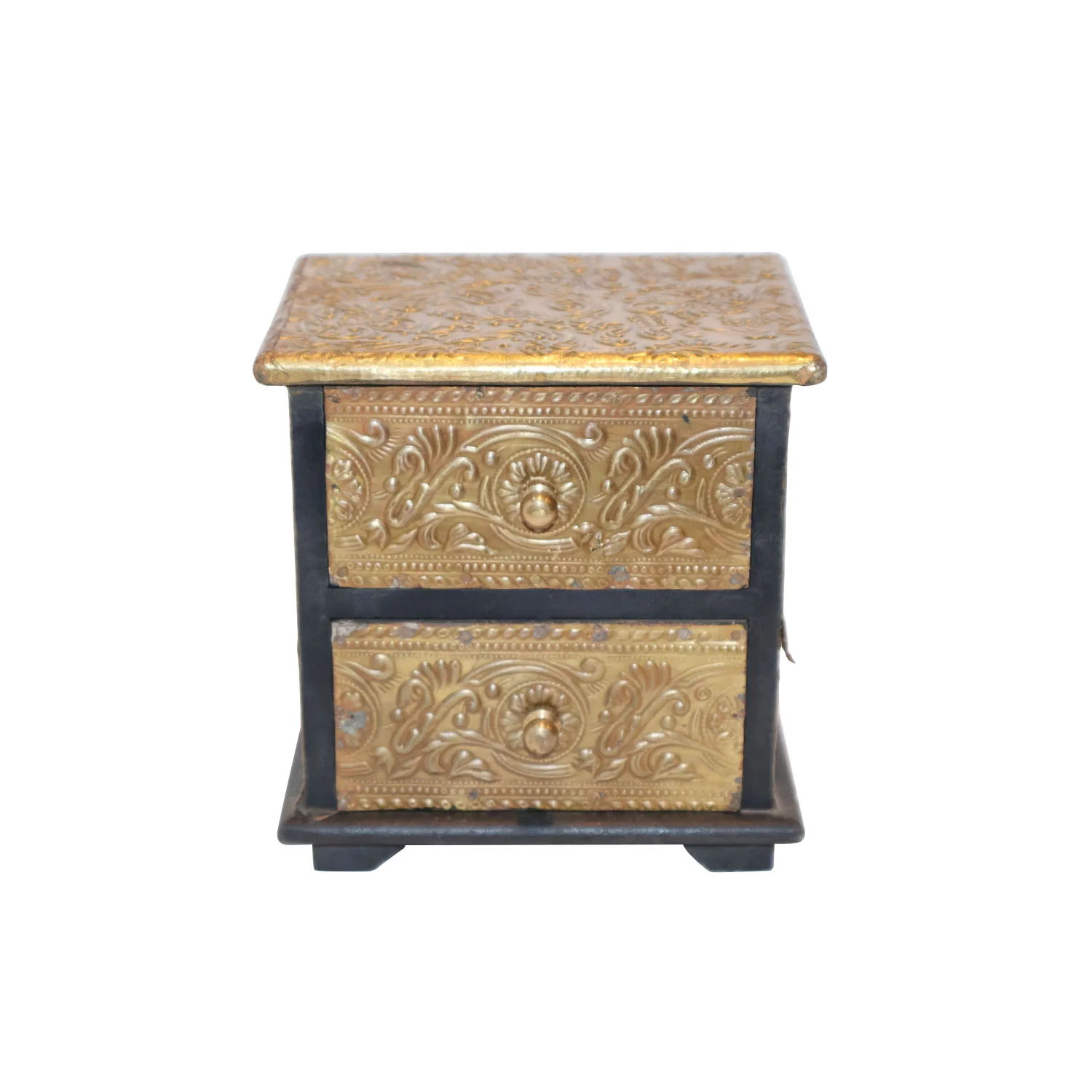 ArtistryBazaar 5.5"L x 4"W x 6"H inch wooden two-drawer storage unit, black frame, golden embossed floral detailing, best for trinkets, jewelry, and keys, stylish home or office storage.