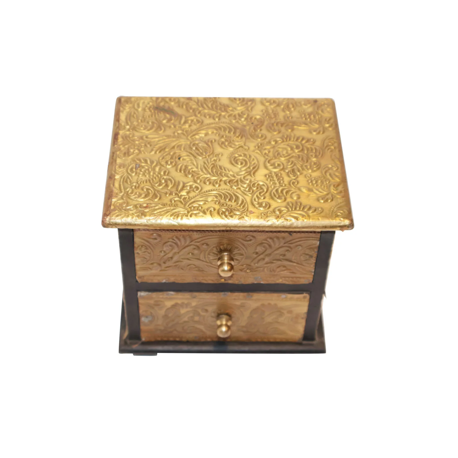 ArtistryBazaar 5.5"L x 4"W x 6"H inch wooden two-drawer storage unit, black frame, golden embossed floral detailing, best for trinkets, jewelry, and keys, stylish home or office storage.