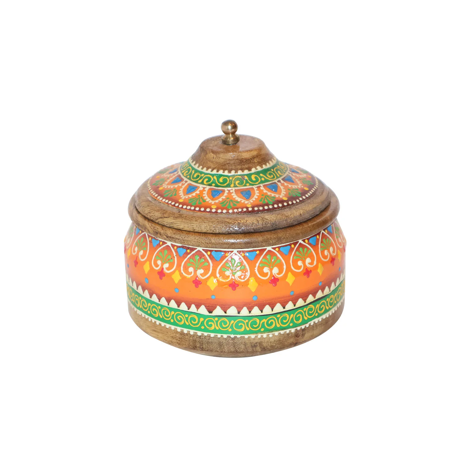 ArtistryBazaar 5"L x 5"W x 5"H inch wooden food container with lid, handcrafted masterpiece with golden, green, and orange patterns, a classic item for your modern kitchen.