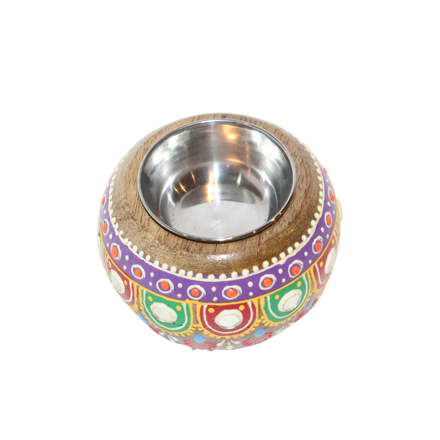 ArtistryBazaar 3"L x 3"W x 2"H inch bowl-like T-light holder, handmade from quality wood & metal, colorful motif all over the surface, compact decor to light any space.