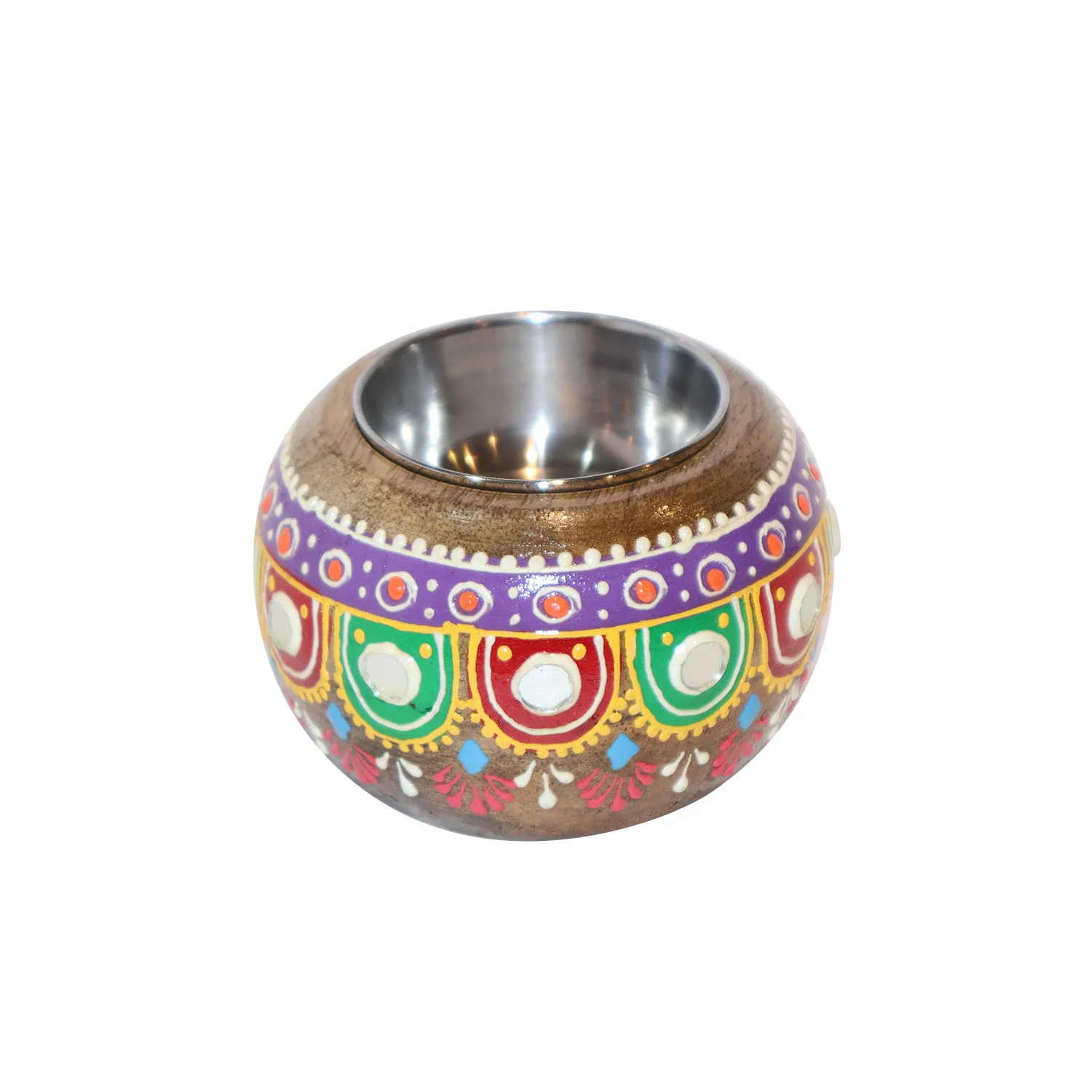 ArtistryBazaar 3"L x 3"W x 2"H inch bowl-like T-light holder, handmade from quality wood & metal, colorful motif all over the surface, compact decor to light any space.