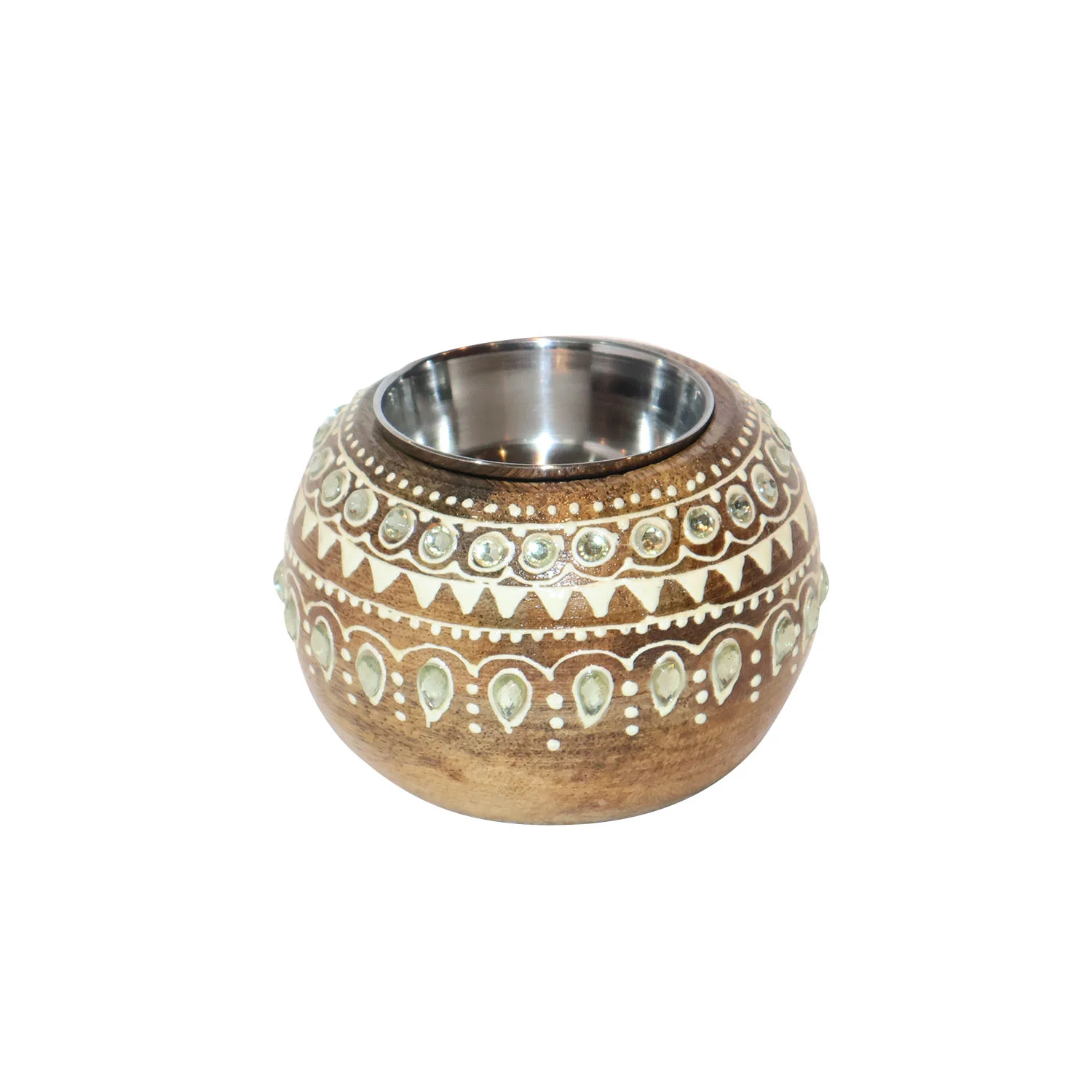ArtistryBazaar 3"L x 3"W x 2"H inch colorful handmade t-light holder, wooden base with artwork in purple, green, orange, and gold, metal insert for secure candle placement
