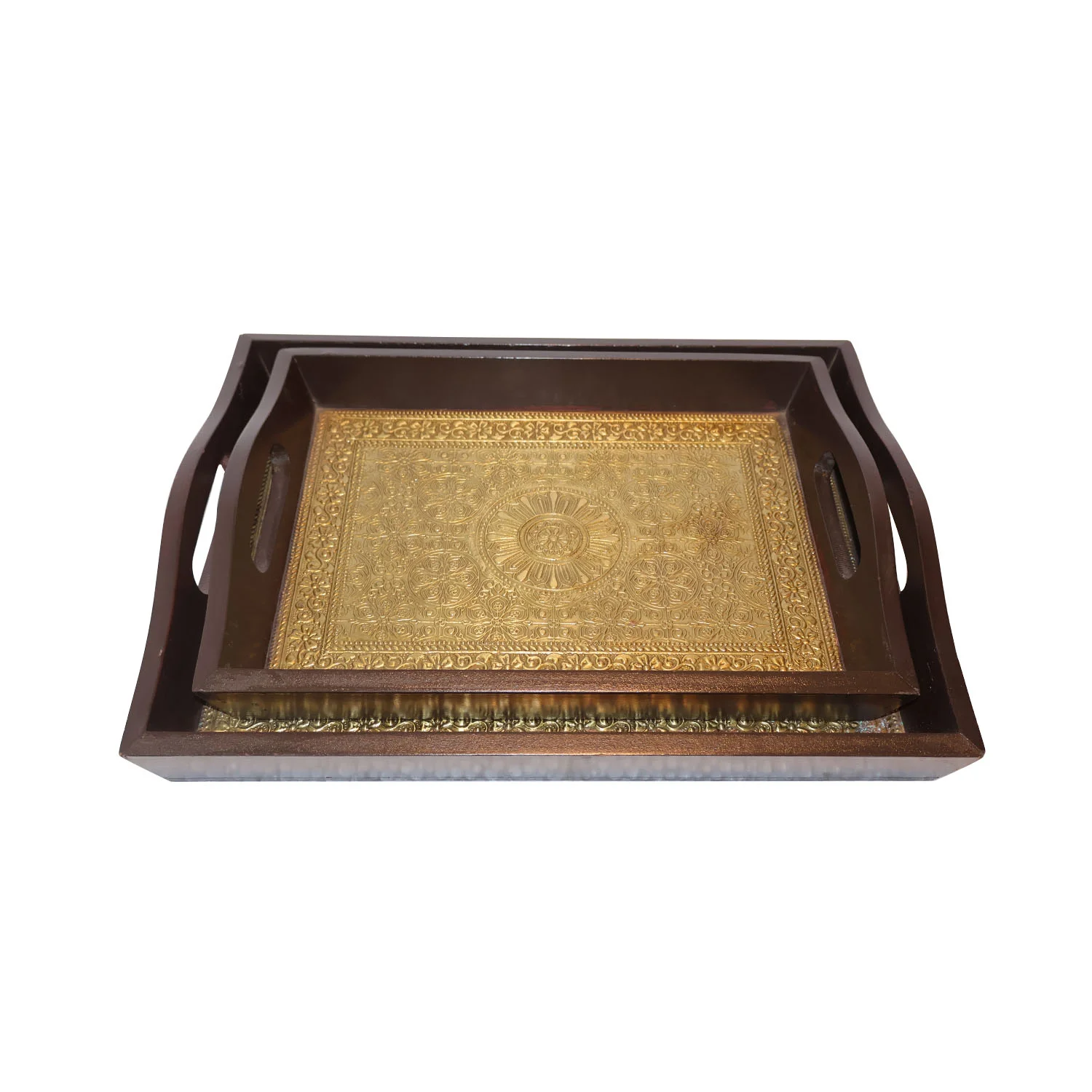 ArtistryBazaar 15"L x 12"W x 2"H inch handmade tray set with golden finish, made of high-quality wood, easy to use, perfect for serving, organizing, and impressing guests.