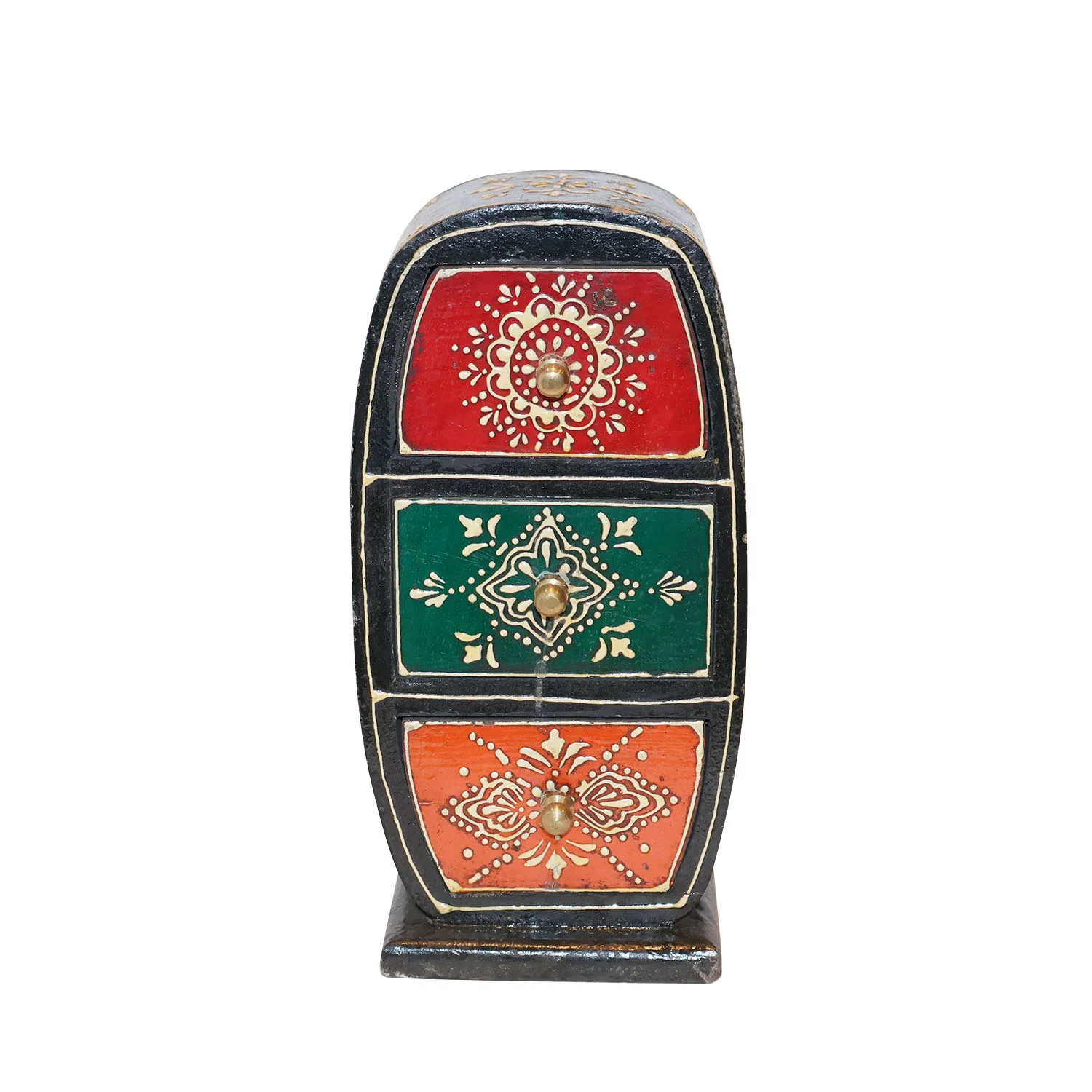 ArtistryBazaar 4"L x 4"W x 9"H inch handmade wooden organizer with 3 drawers, a trendy & practical storage solution for small essentials in bold colors and detailed carvings.