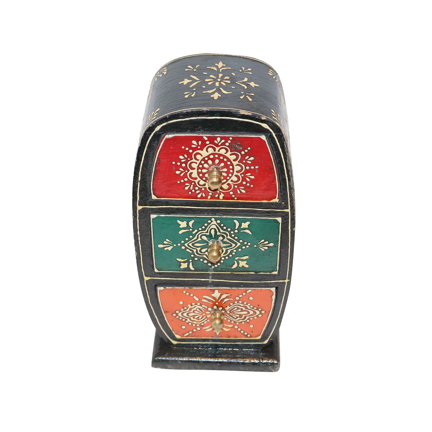 ArtistryBazaar 4"L x 4"W x 9"H inch handmade wooden organizer with 3 drawers, a trendy & practical storage solution for small essentials in bold colors and detailed carvings.