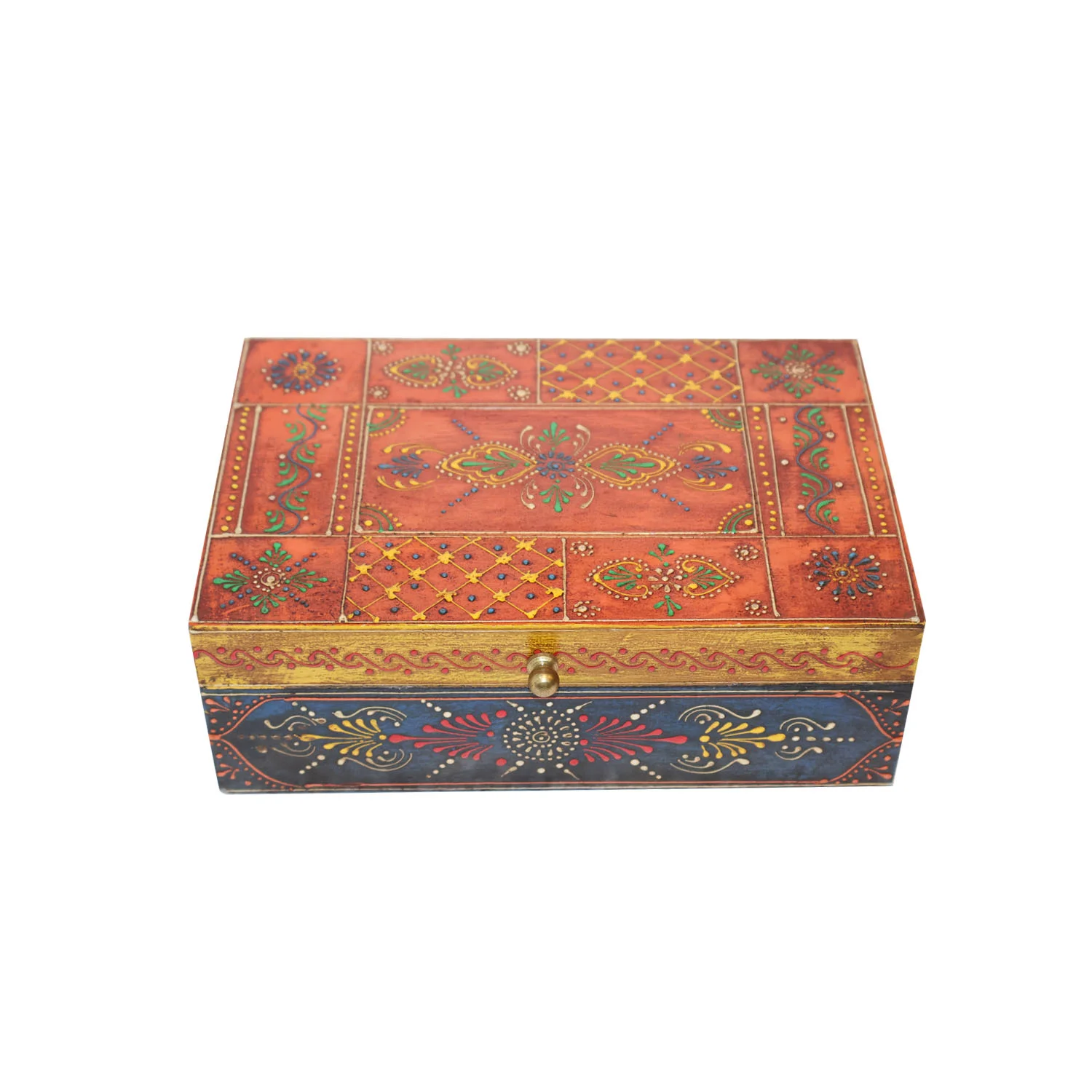 ArtistryBazaar 9"L x 6"W x 3"H inch handmade wooden jewelry box, multicolor square design with a secure flap closure for safely storing rings, necklaces, and small keepsakes.