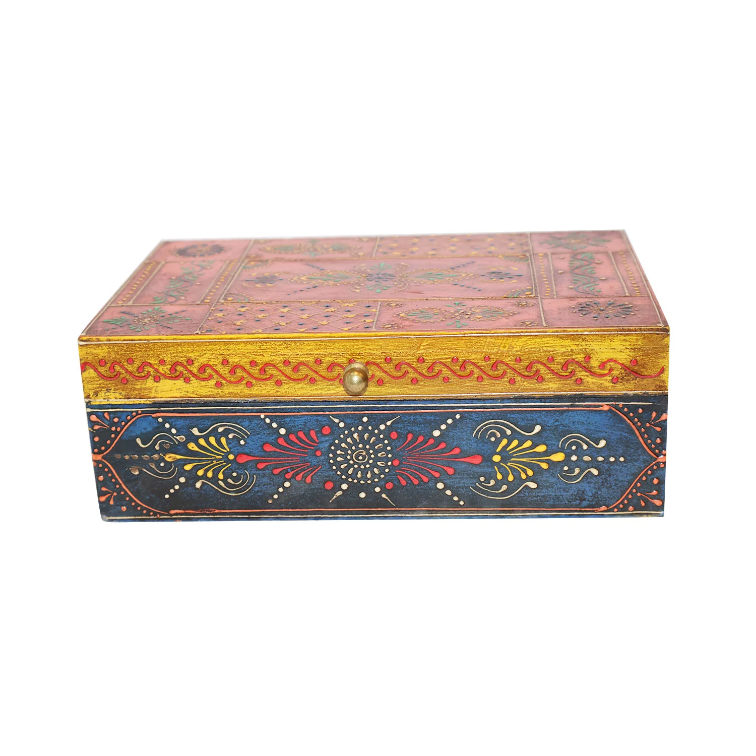 ArtistryBazaar 9"L x 6"W x 3"H inch handmade wooden jewelry box, multicolor square design with a secure flap closure for safely storing rings, necklaces, and small keepsakes.