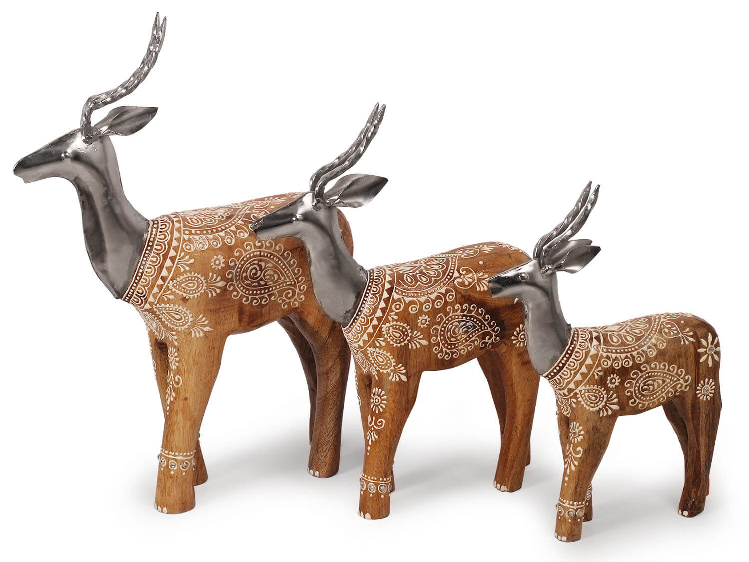 ArtistryBazaar Handmade 3" W X 14" H set of 3 Decorative handpainted  wooden and metal deer animal figurine for home,office, living roomshelf décor, tabletop-gift for housewarming and occasions