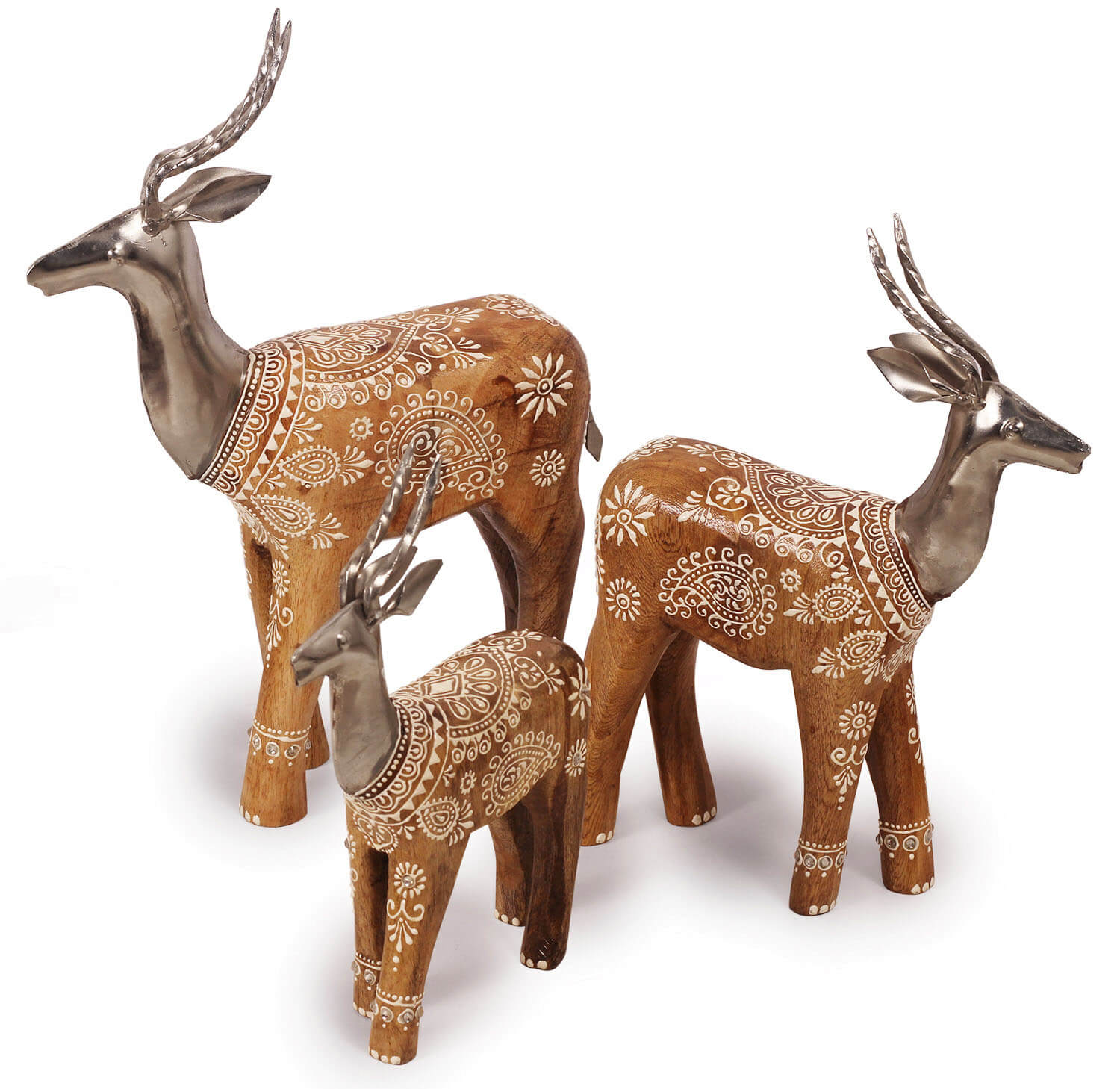 ArtistryBazaar Handmade 3" W X 14" H set of 3 Decorative handpainted  wooden and metal deer animal figurine for home,office, living roomshelf décor, tabletop-gift for housewarming and occasions