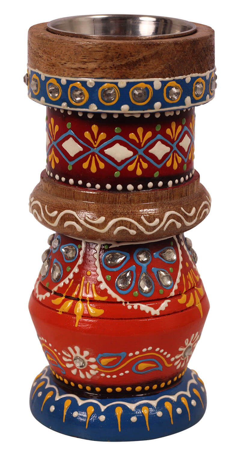 ArtistryBazaar Handmade Wooden cone-painted colourful Indian Candle Stand/ holder for christmas decoration, dinner,home décor and tabletop decoration