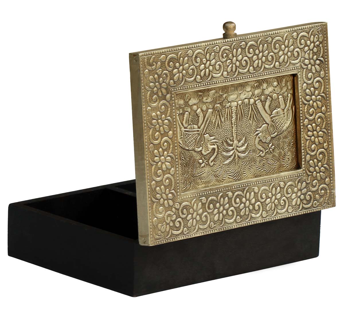 Wholesale Wooden Jewelry Box 7.2 x 5.5” - Brass Sheet Embossed Palms & Elephants On Lid Trinket Box - Bulk Buy Decorative Keepsake Box