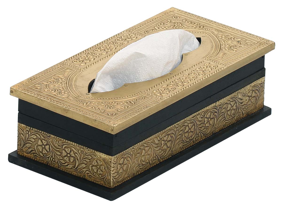 Buy in Bulk Wholesale - Tissue Box/Dispenser Handmade Rectangular In Wood & Embossed Metal Sheet - Dining Table Accessory/Living Room Decor