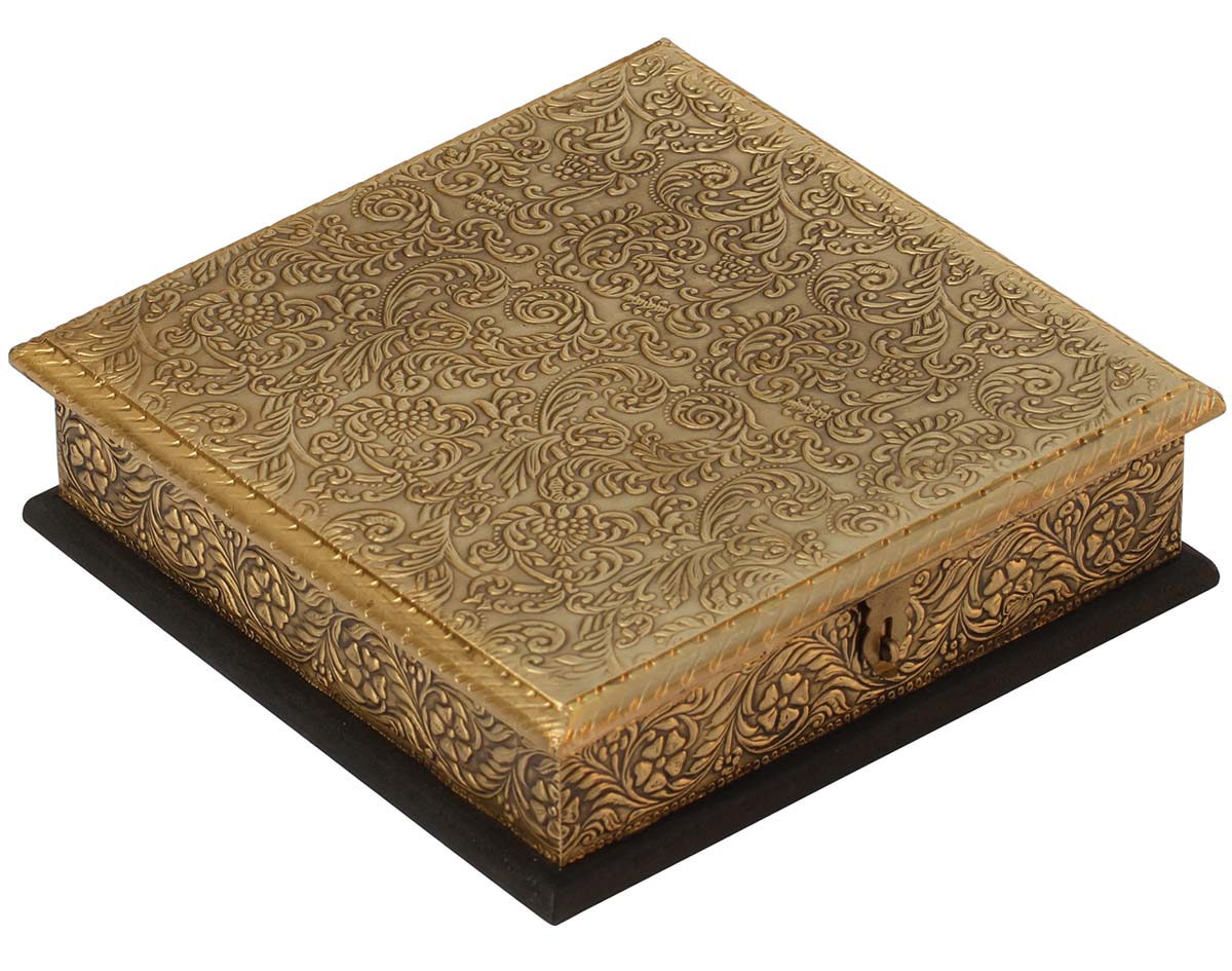 Wholesale Decorative Wooden Jewelry Box With Brass Sheet Embossing - Bulk Buy 8x8x2” Trinket Box/Keepsake Box With Floral & Vines Motif Patterns