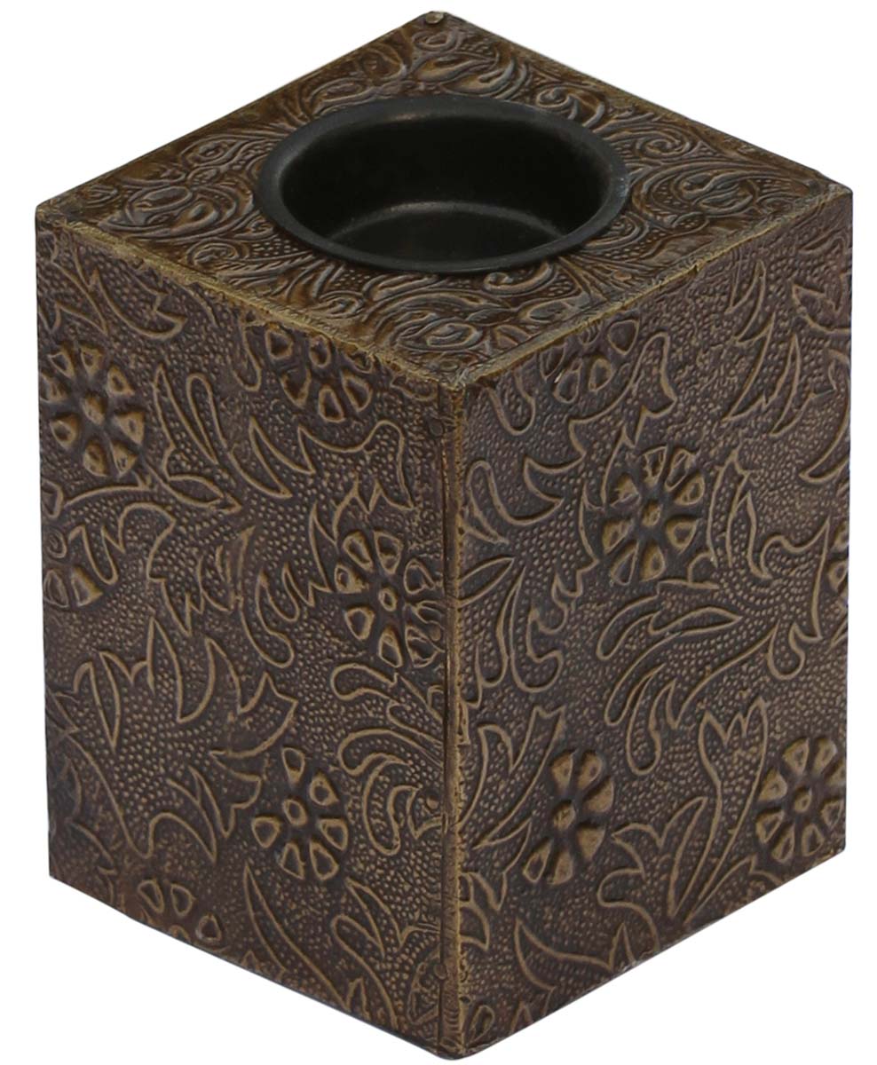 Buy in Bulk Wholesale - 4" Tealight Candle Holder/Pillar Candle Stand Handmade in Wood with Floral Design Brass Sheet Cladding - Table Centerpiece Decor