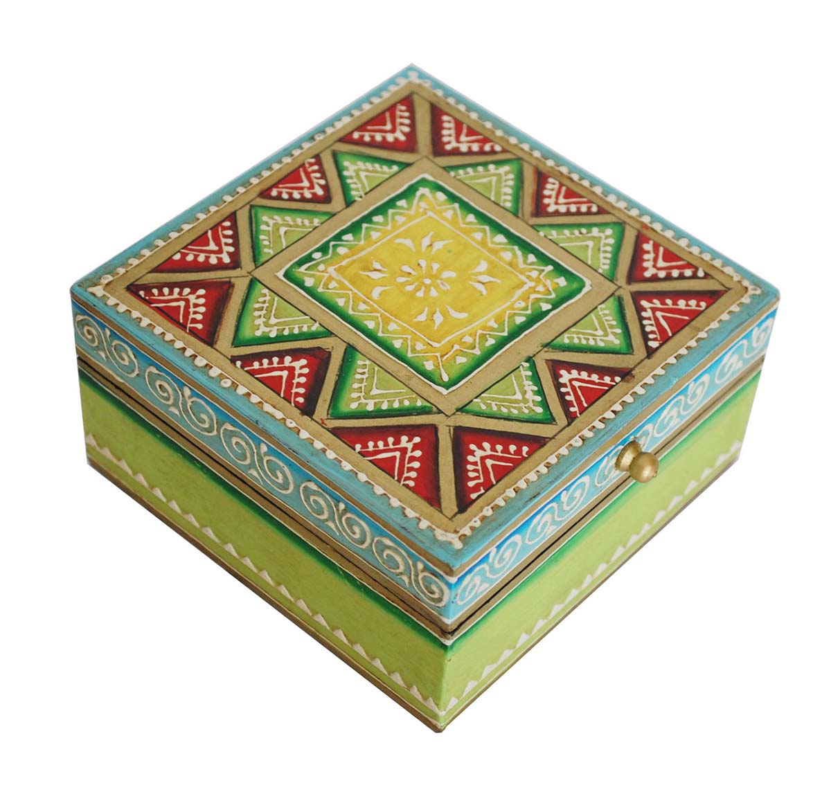 Wholesale Wooden 5x5” Jewelry Box - Bulk Buy Handmade Green Red Yellow Storage Box/Keepsake Box/Trinket Box with Old World Cone-Painting Art in Traditional Style Motifs from India