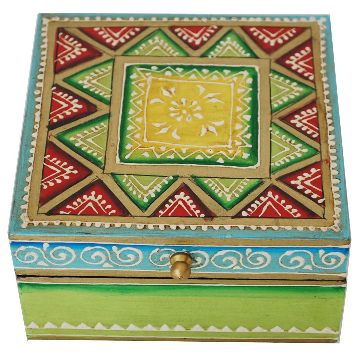 Wholesale Wooden 5x5” Jewelry Box - Bulk Buy Handmade Green Red Yellow Storage Box/Keepsake Box/Trinket Box with Old World Cone-Painting Art in Traditional Style Motifs from India