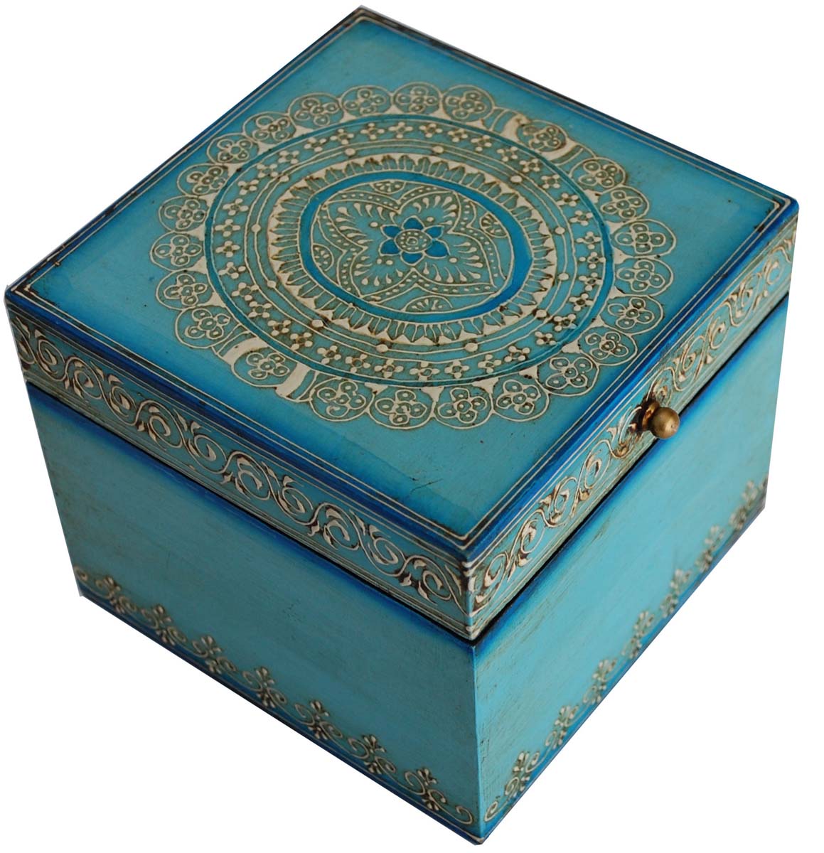 Wholesale 6” Wooden Vintage Look Blue Jewelry Box in Bulk - Handmade Square Wood Jewelry Box/Trinket Box/Keepsake Box with Cone Painting Art - Antique-Look Accessory Holders/Boxes from India
