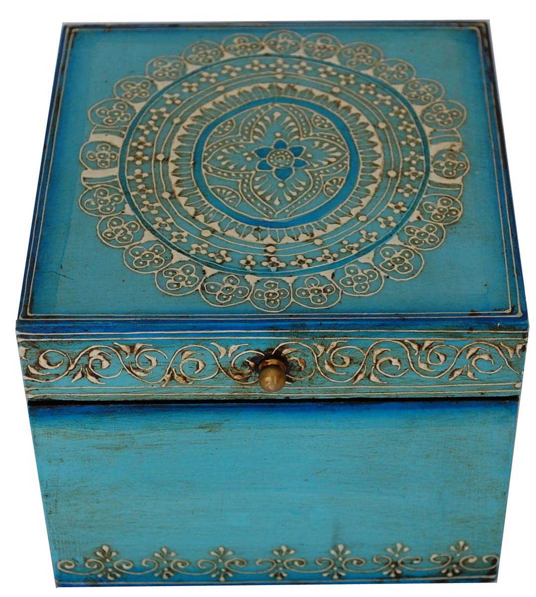 Wholesale 6” Wooden Vintage Look Blue Jewelry Box in Bulk - Handmade Square Wood Jewelry Box/Trinket Box/Keepsake Box with Cone Painting Art - Antique-Look Accessory Holders/Boxes from India