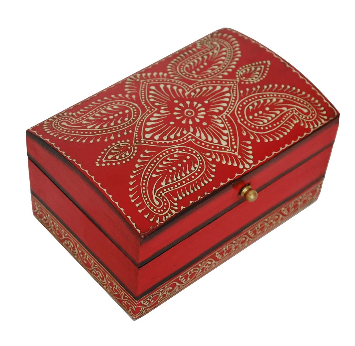 Wholesale 6.5x4.5” Wooden Vintage Look Red Jewelry Box in Bulk - Handmade Rectangular Wood Jewelry Box/Trinket Box/Keepsake Box with Cone Painting Art - Antique-Look Accessory Holders/Boxes from India