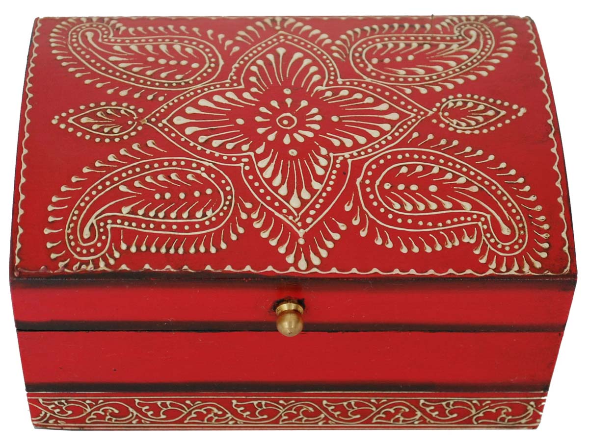 Wholesale 6.5x4.5” Wooden Vintage Look Red Jewelry Box in Bulk - Handmade Rectangular Wood Jewelry Box/Trinket Box/Keepsake Box with Cone Painting Art - Antique-Look Accessory Holders/Boxes from India