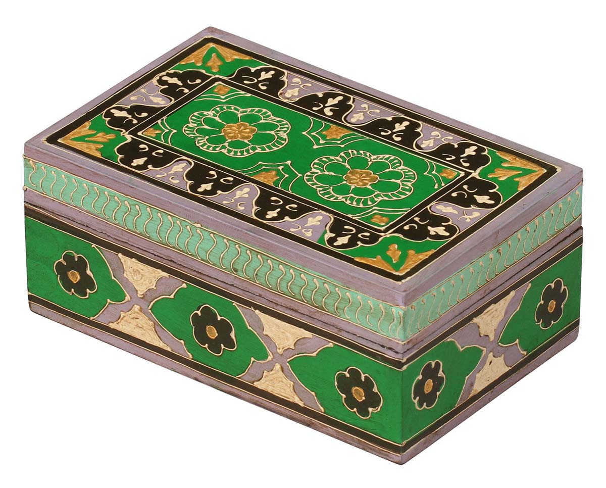 Wholesale 7x4.5” Wooden Vintage Look Green & Black Jewelry Box in Bulk - Handmade Rectangular Wood Jewelry Box/Trinket Box/Keepsake Box with Cone Painting Art - Antique-Look Accessory Holders/Boxes from India